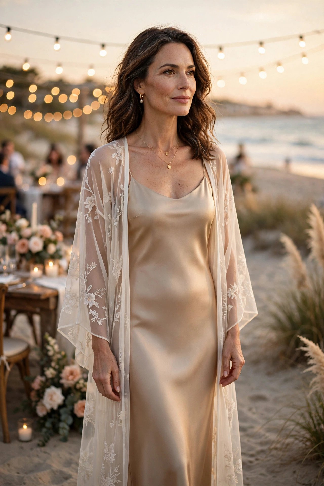 Glamorous woman in her late 40s in a champagne satin slip dress with a sheer ivory kimono on the beach at golden hour