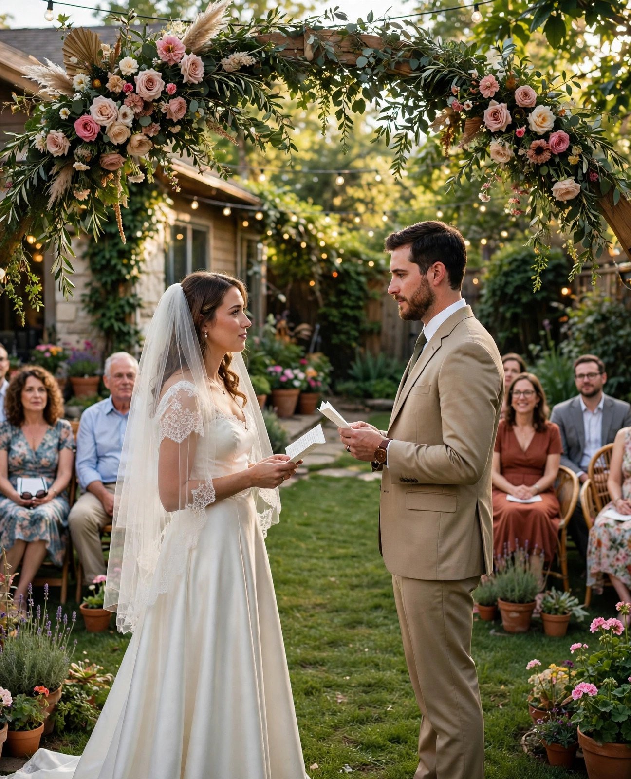 Couple exchanging vows under a floral arch in a backyard garden with guests on the lawn
