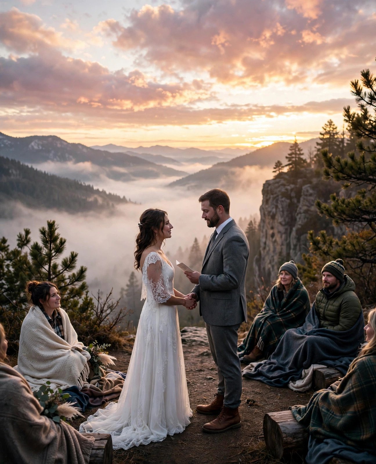 Couple exchanging vows at a mountain overlook at sunrise with a few guests