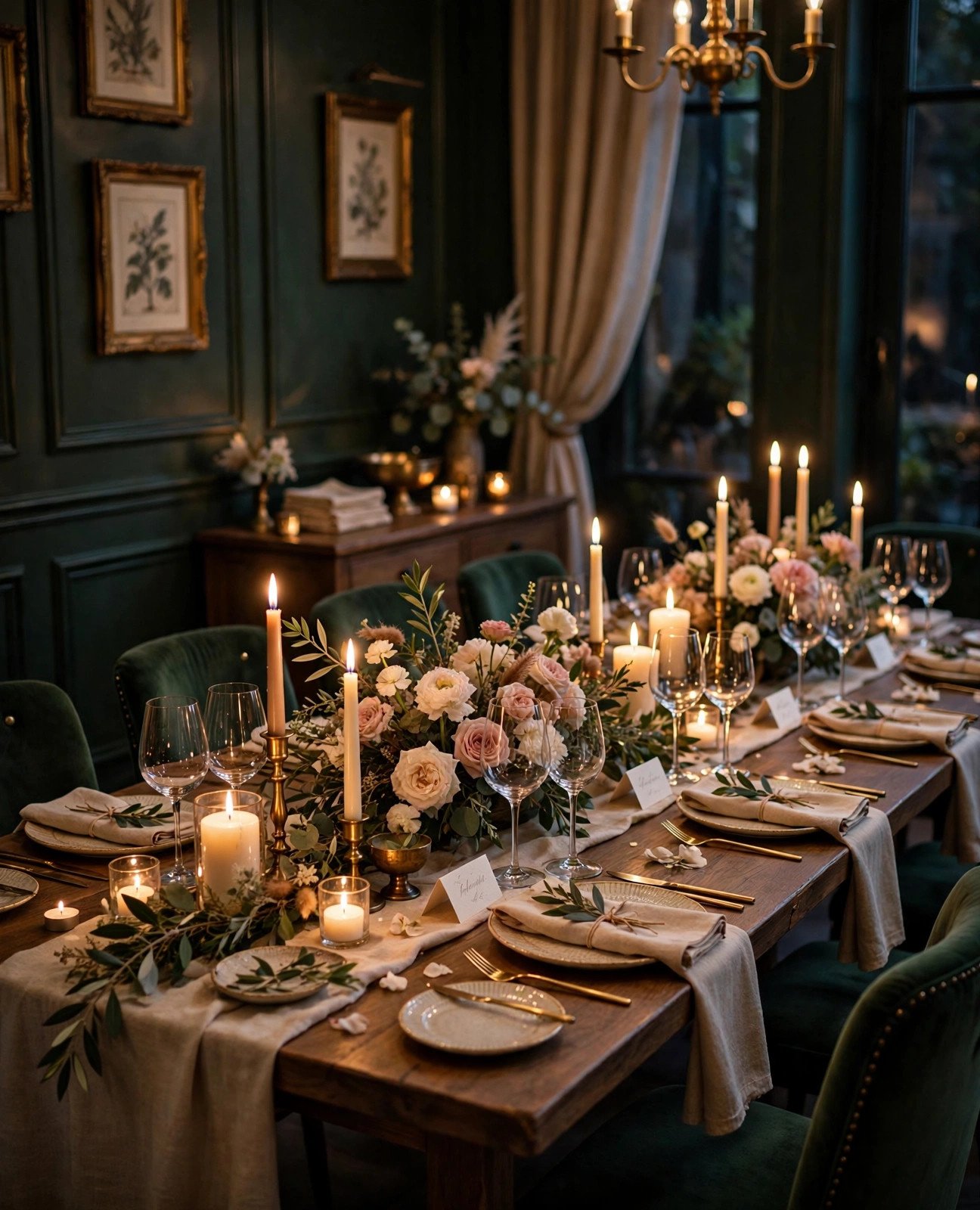 Candlelit private restaurant dining room set for an intimate wedding reception