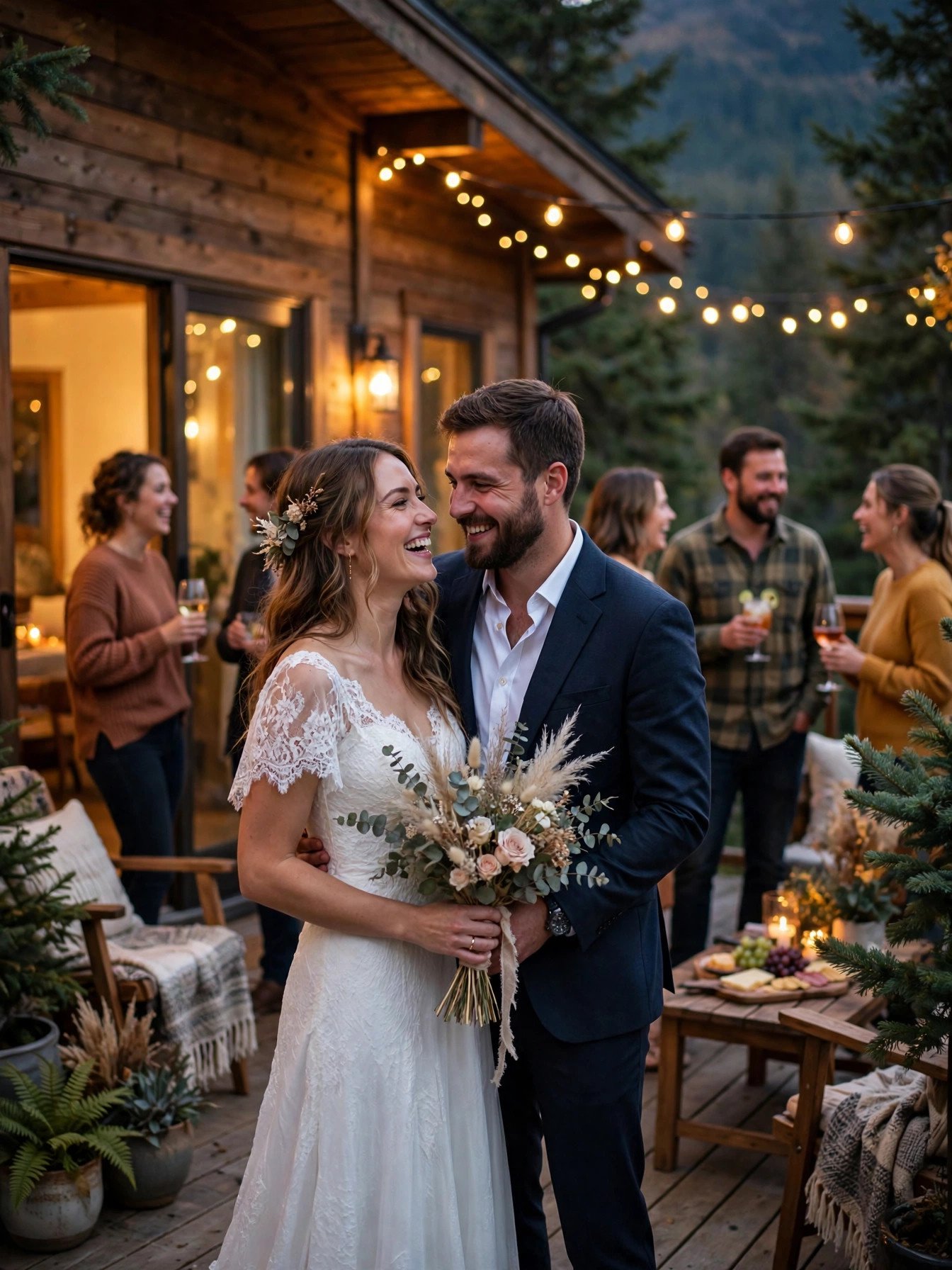 Couple celebrating their wedding on the deck of a vacation rental with string lights