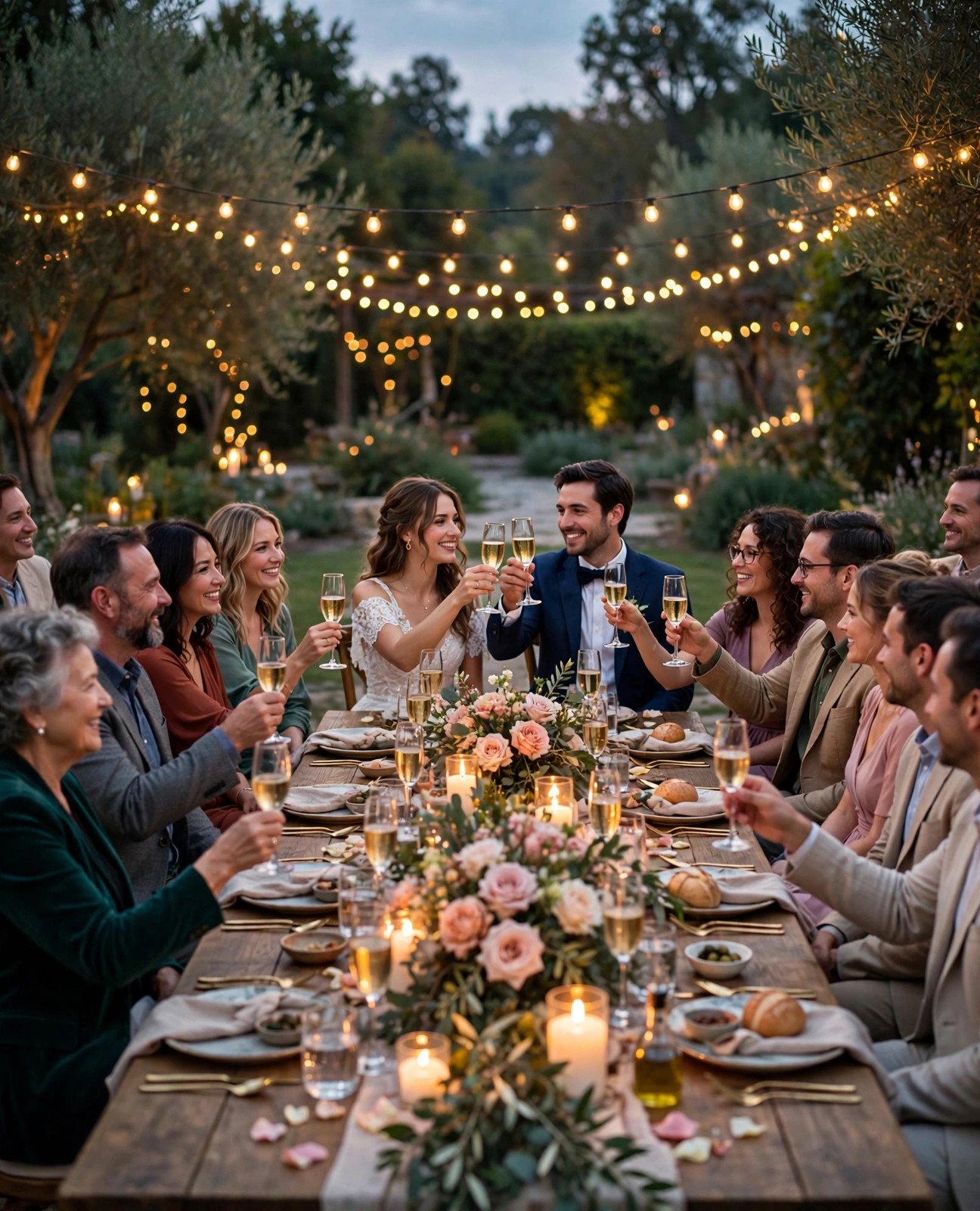 Long candlelit dinner table under string lights where a couple toasts with close guests