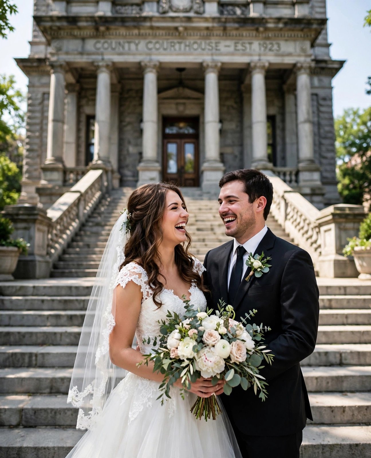 Happy newlywed couple in wedding attire on historic courthouse steps