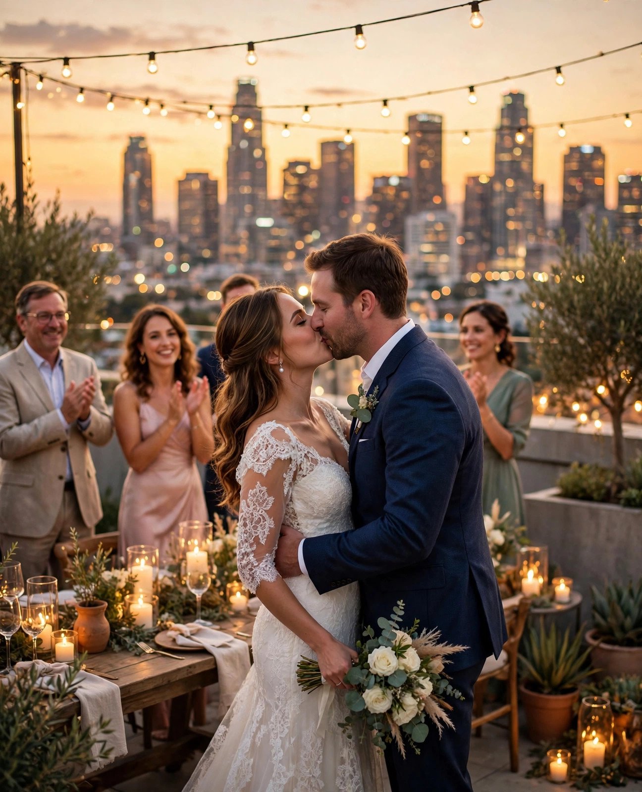 Couple kissing on a rooftop terrace at golden hour with a city skyline