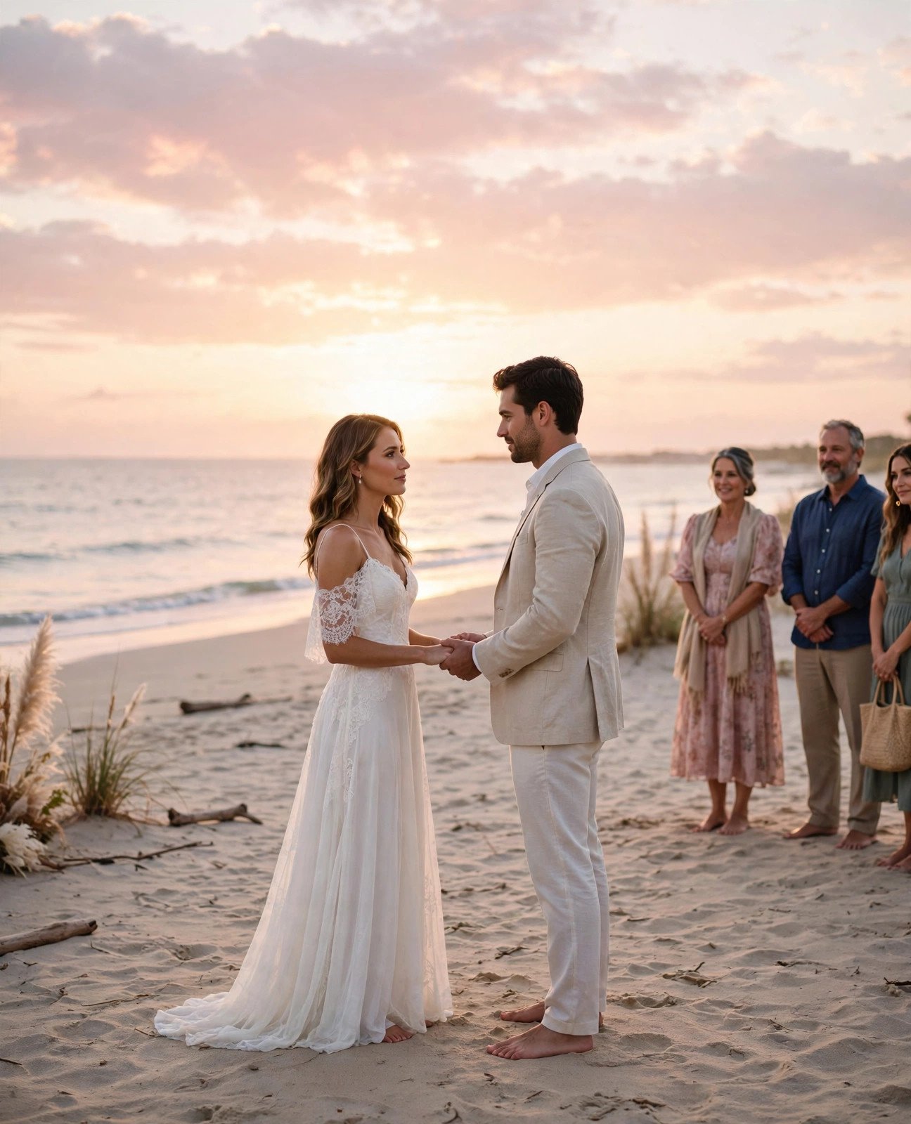 Barefoot couple exchanging vows on a beach at sunrise