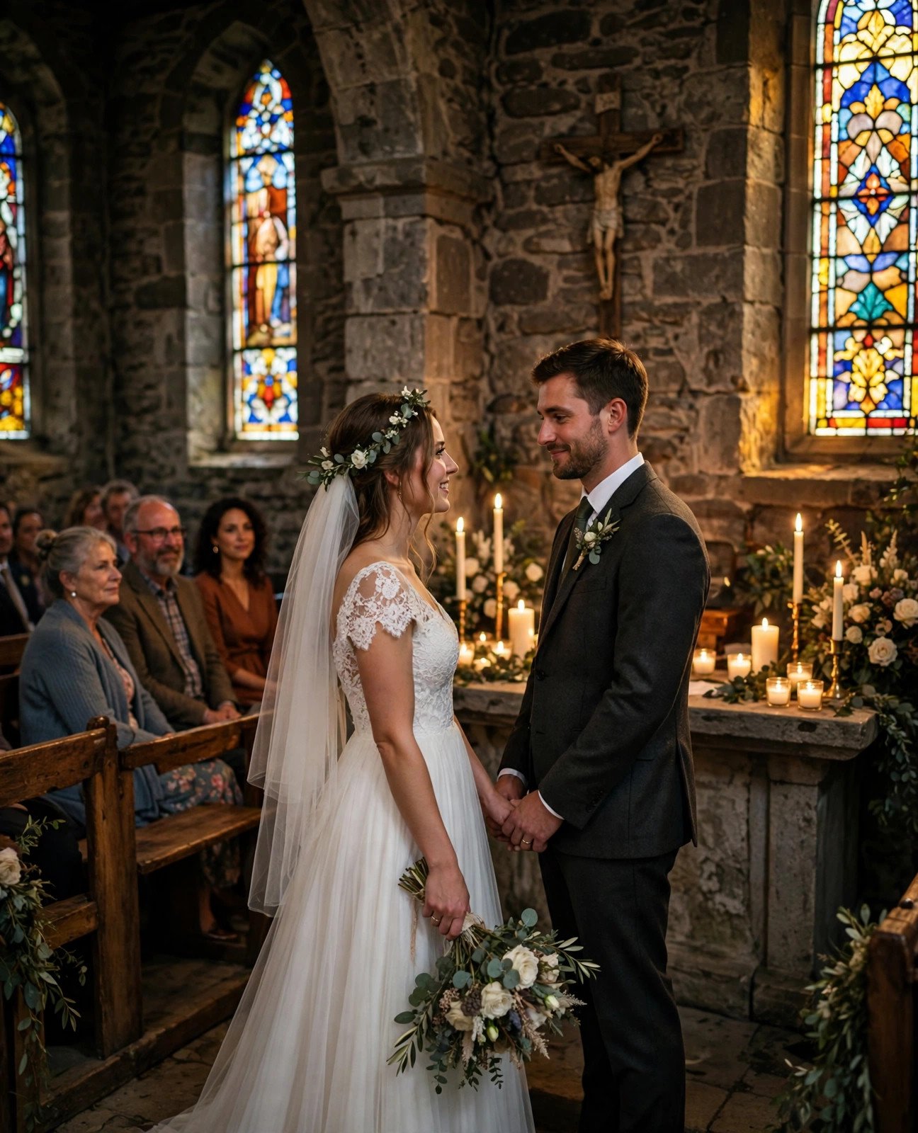 Couple at the altar of a small candlelit chapel