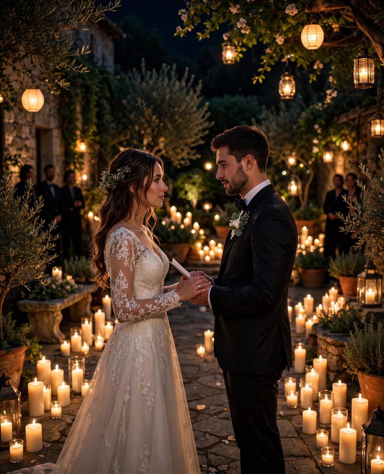 Couple exchanging vows surrounded by hundreds of candles at night