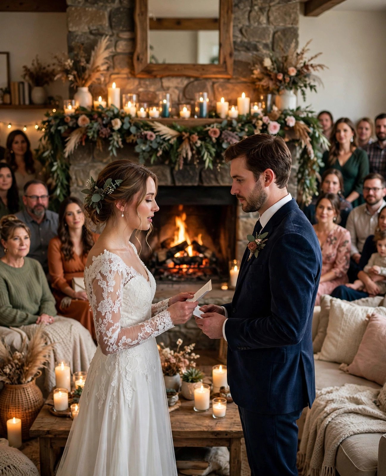 Couple exchanging vows in a cozy living room before a fireplace with guests on sofas