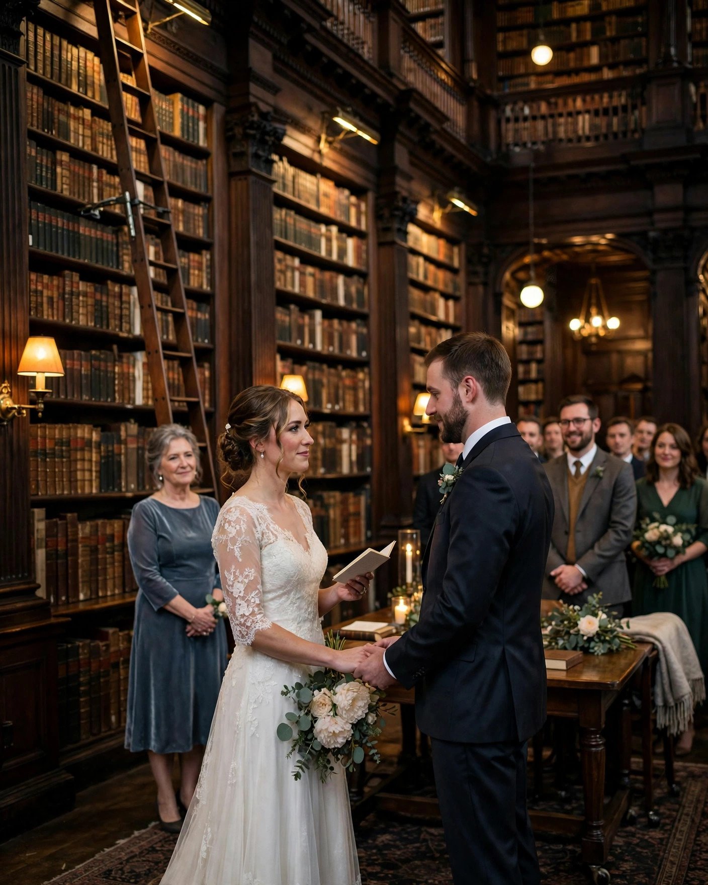 Couple exchanging vows in a grand historic library with tall bookshelves