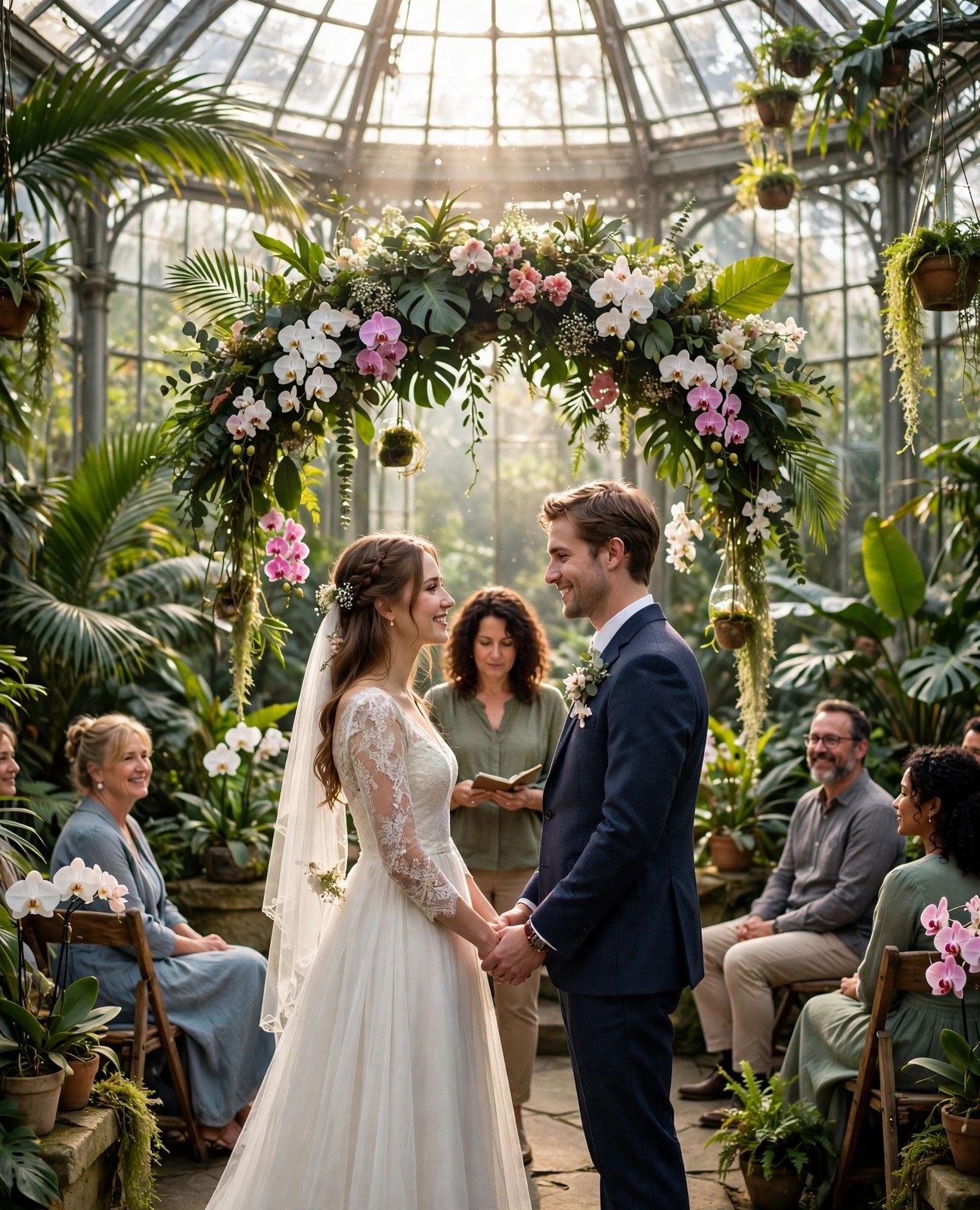 Couple beneath the glass dome of a lush botanical conservatory