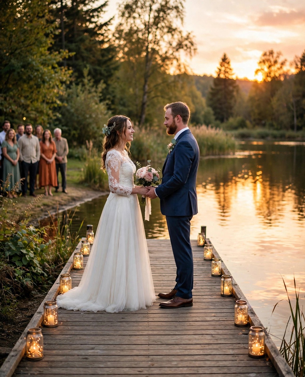 Couple exchanging vows on a wooden dock at a lake at sunset