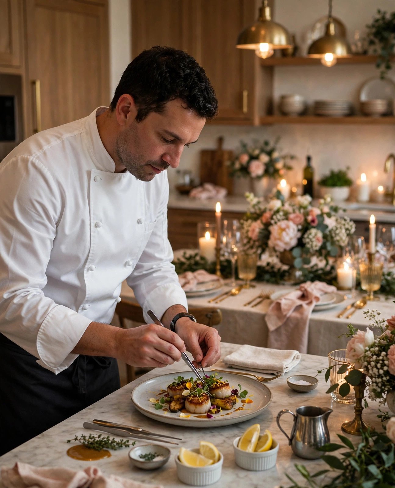 Private chef plating an elegant dish at a home wedding dinner
