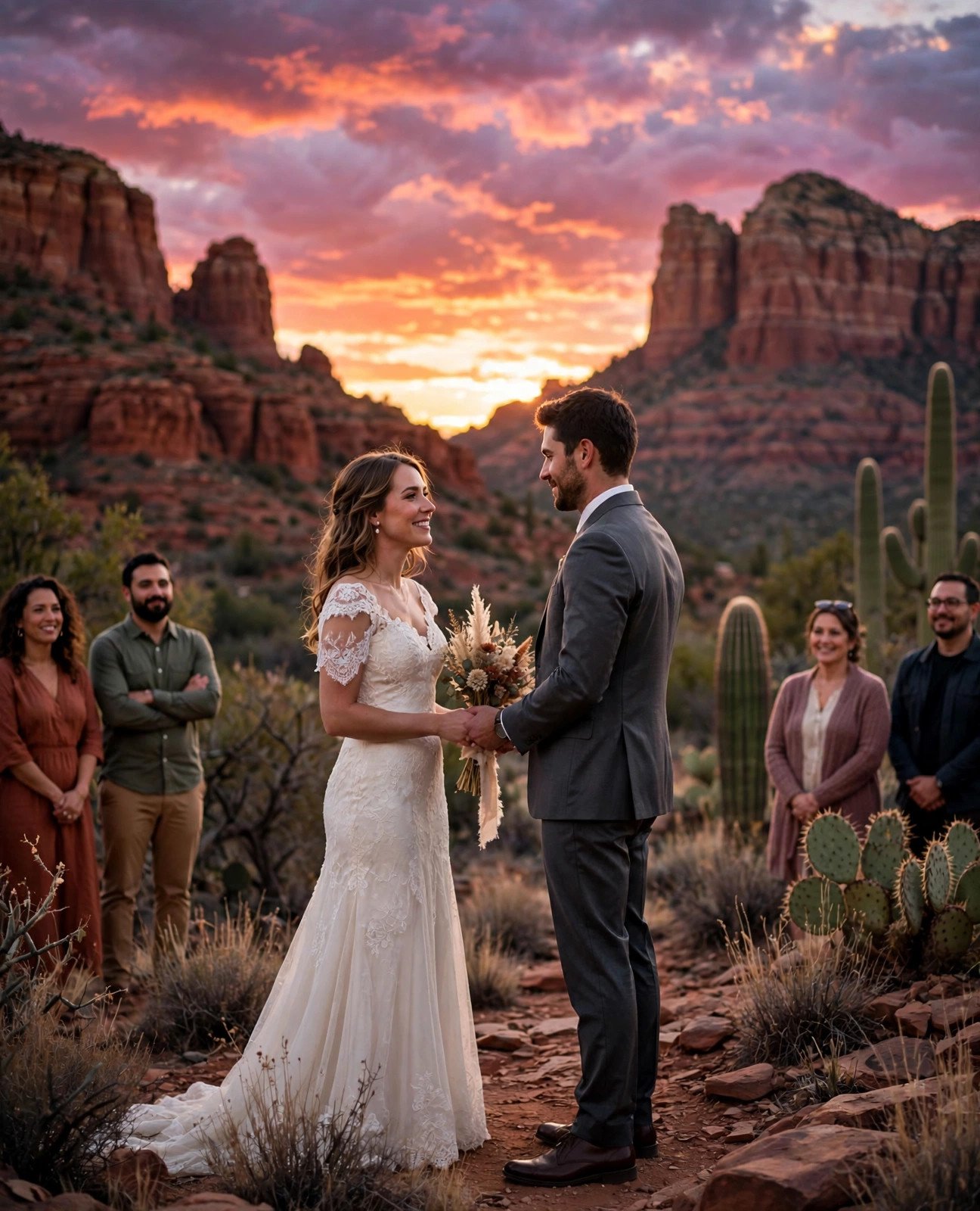 Couple exchanging vows in a desert landscape at sunset