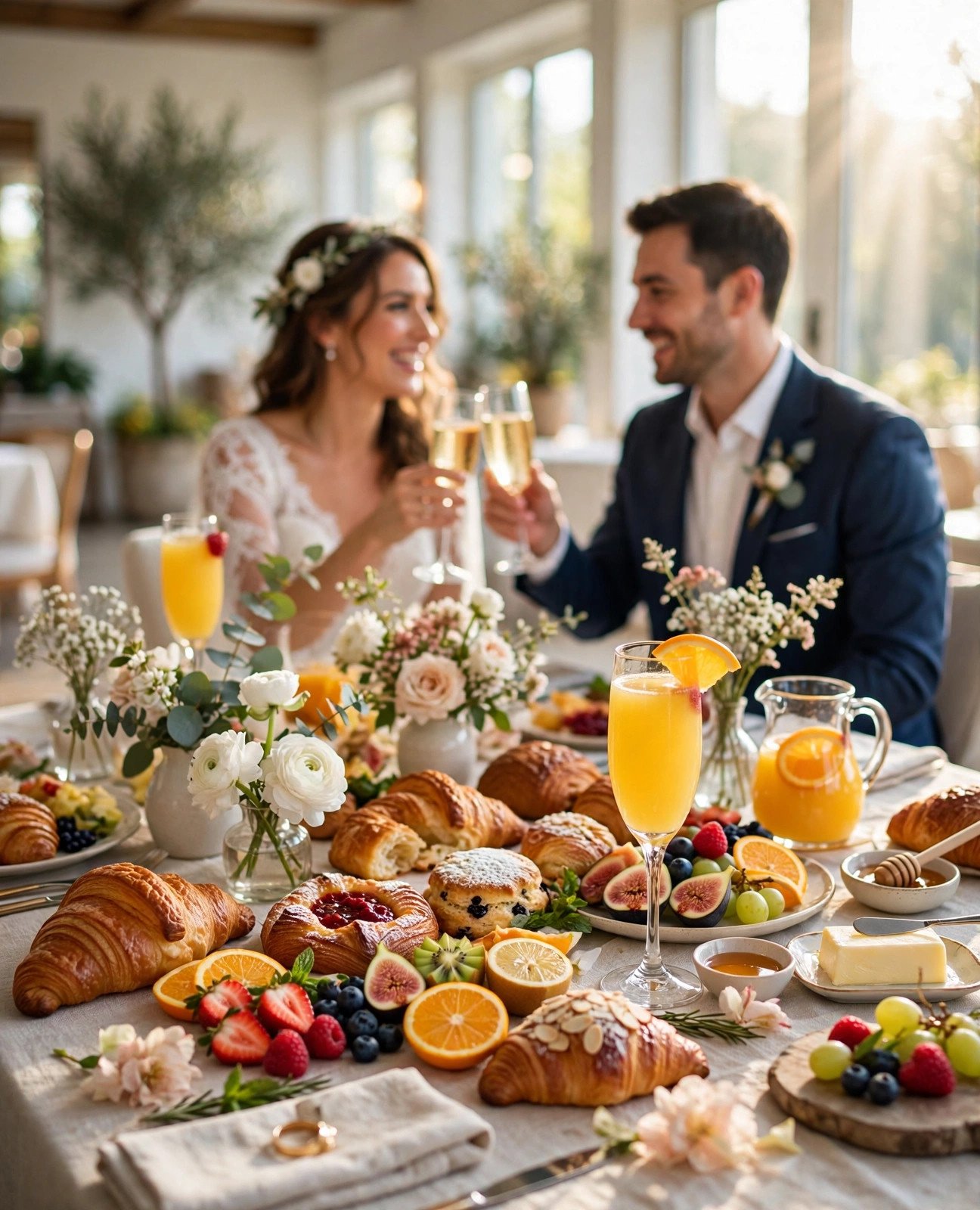 Bright brunch wedding table with pastries, fruit and mimosas