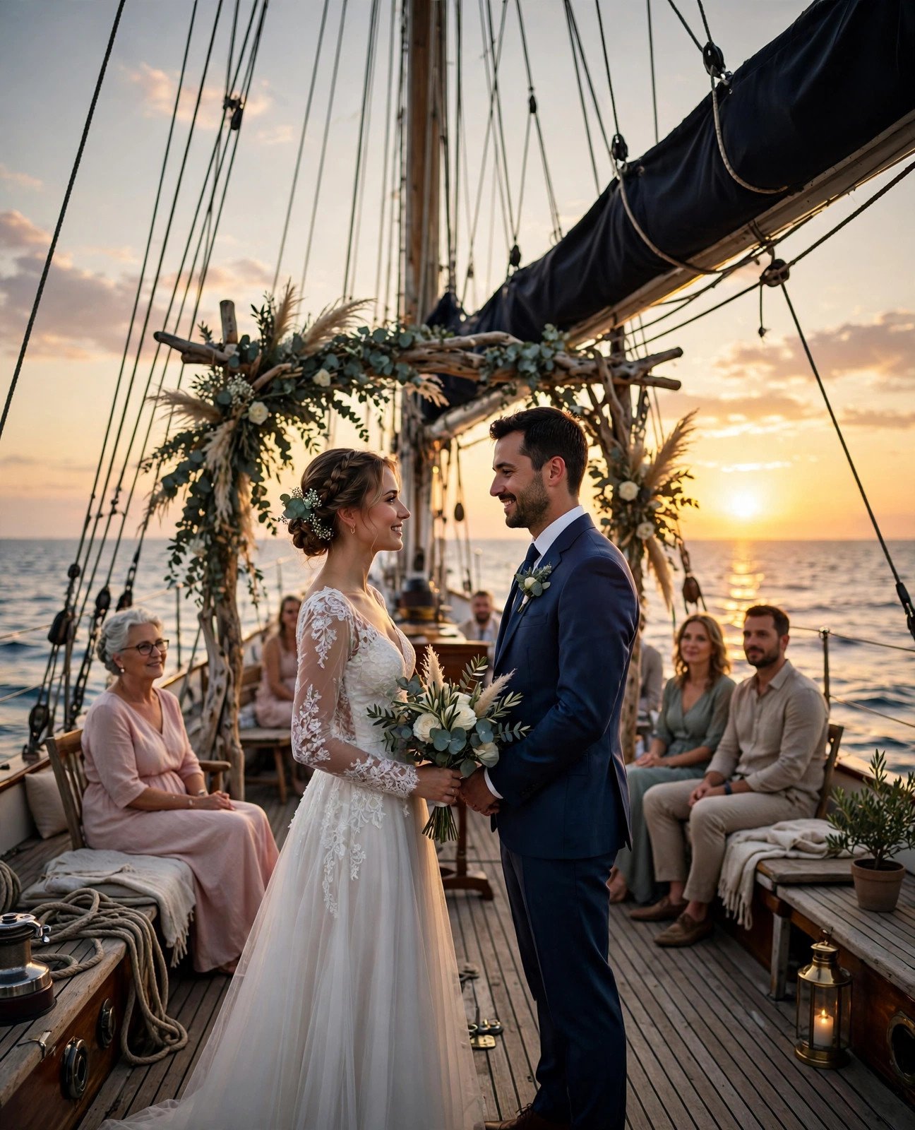 Couple on the deck of a sailboat at sunset during their ceremony