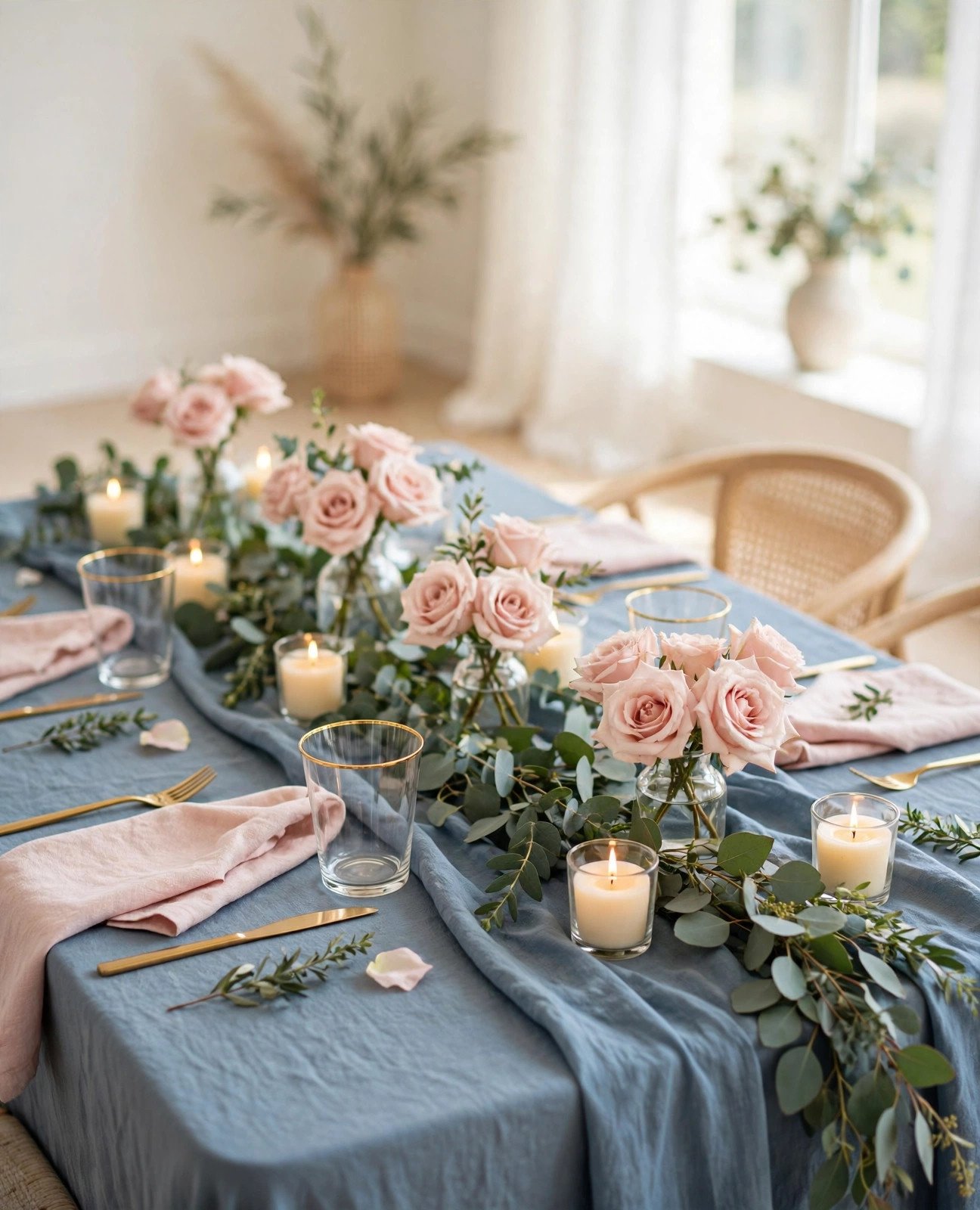 Dusty blue and blush bridal shower table with blush roses and blue linens