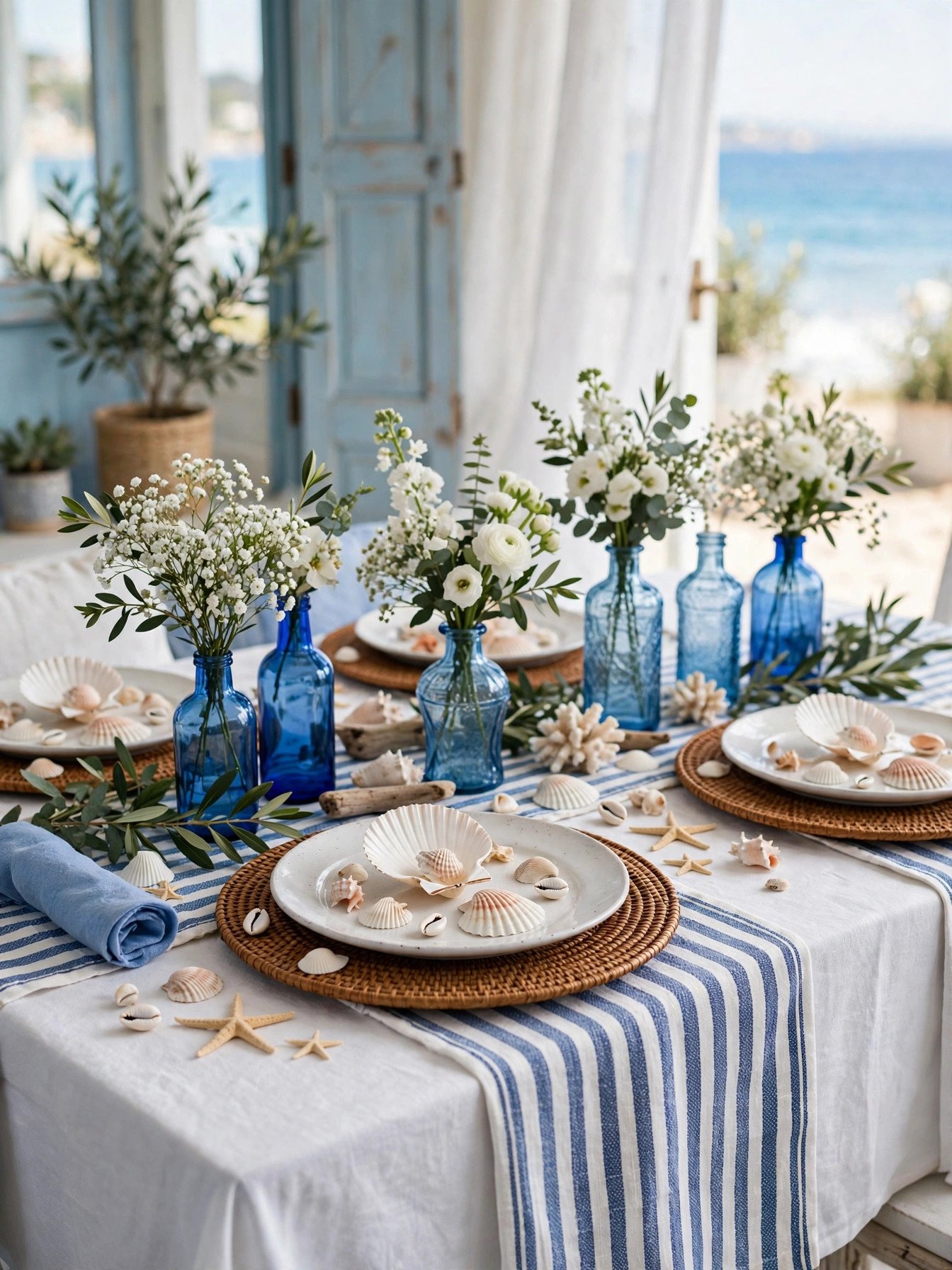 Coastal blue and white bridal shower table with white linens and blue striped accents