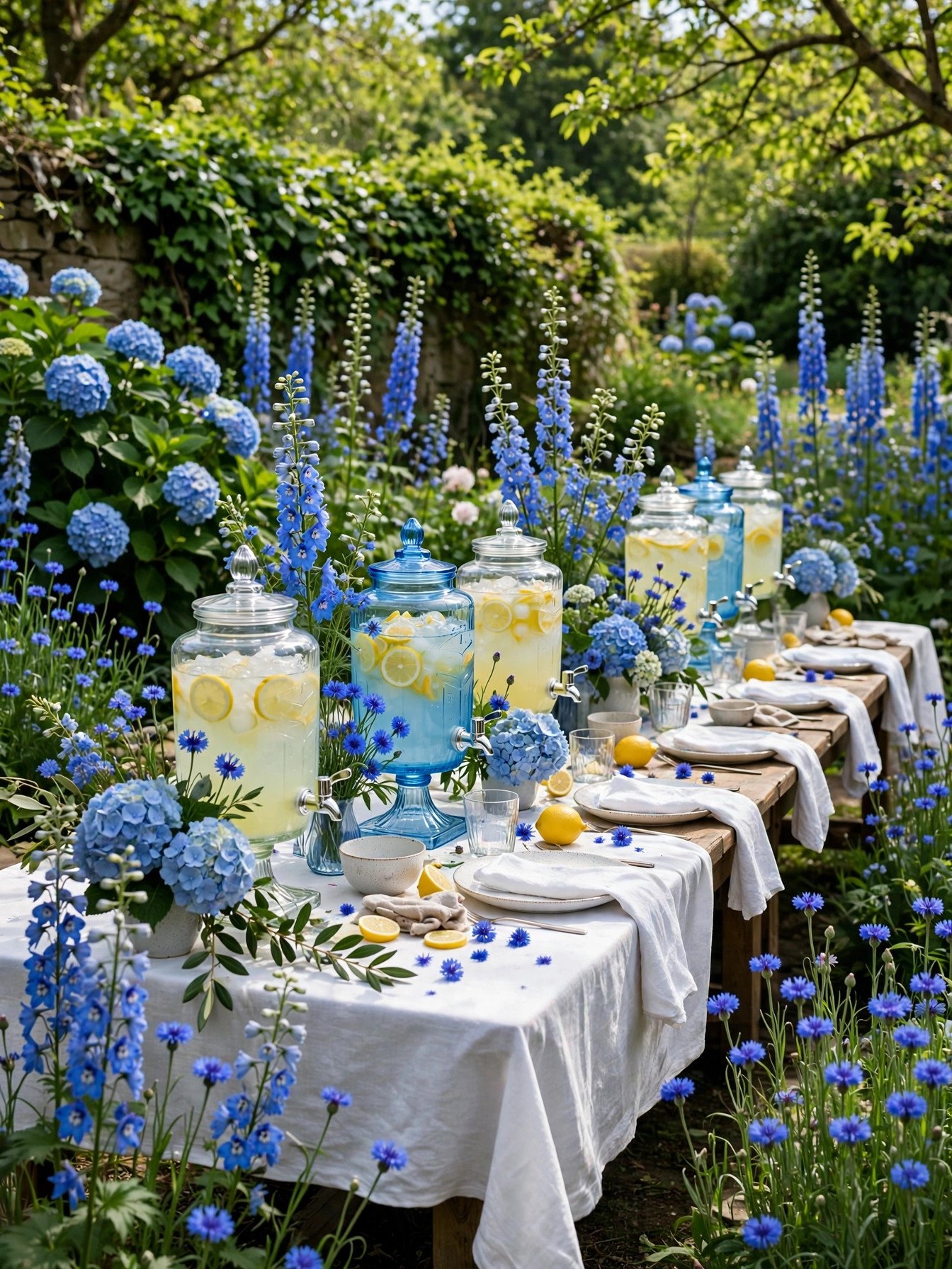 Blue floral garden party bridal shower with blue and white flowers outdoors