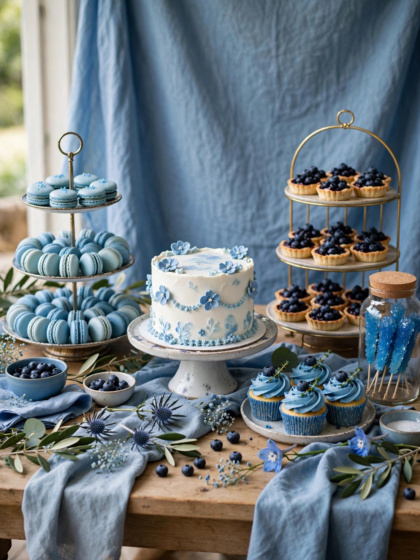Something blue dessert table with blue macarons and blue frosted treats