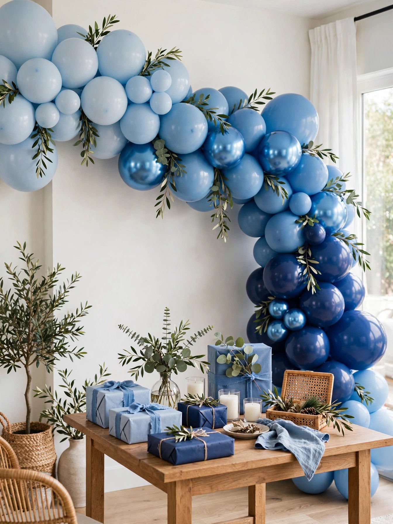 Blue balloon garland backdrop in shades of blue behind a bridal shower gift table