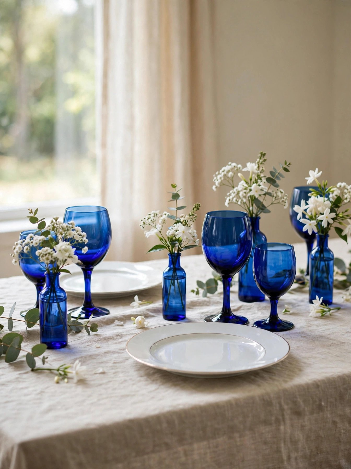 Elegant tablescape with blue glassware goblets and blue chargers