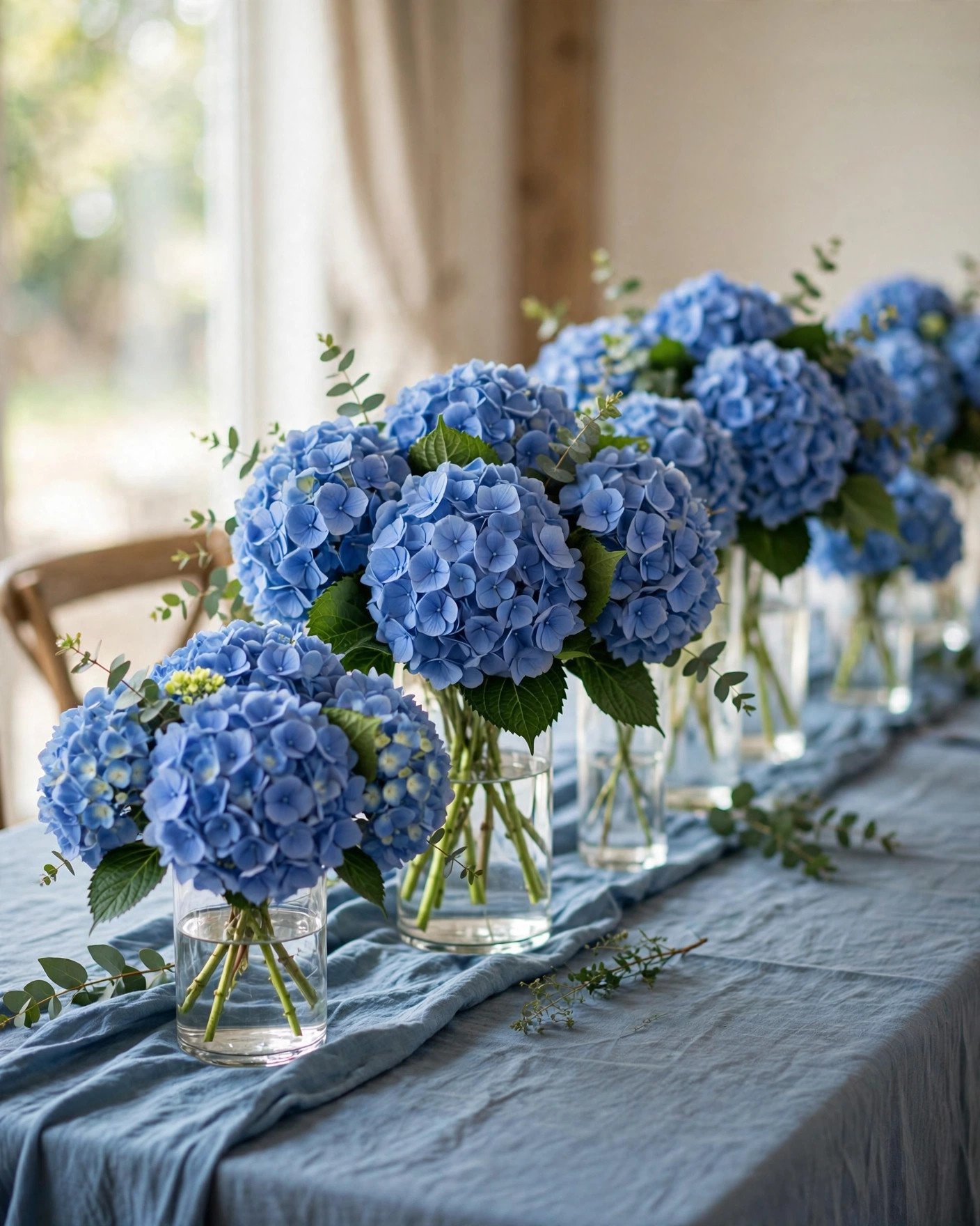 Blue hydrangea centerpieces in glass vases on a bridal shower table