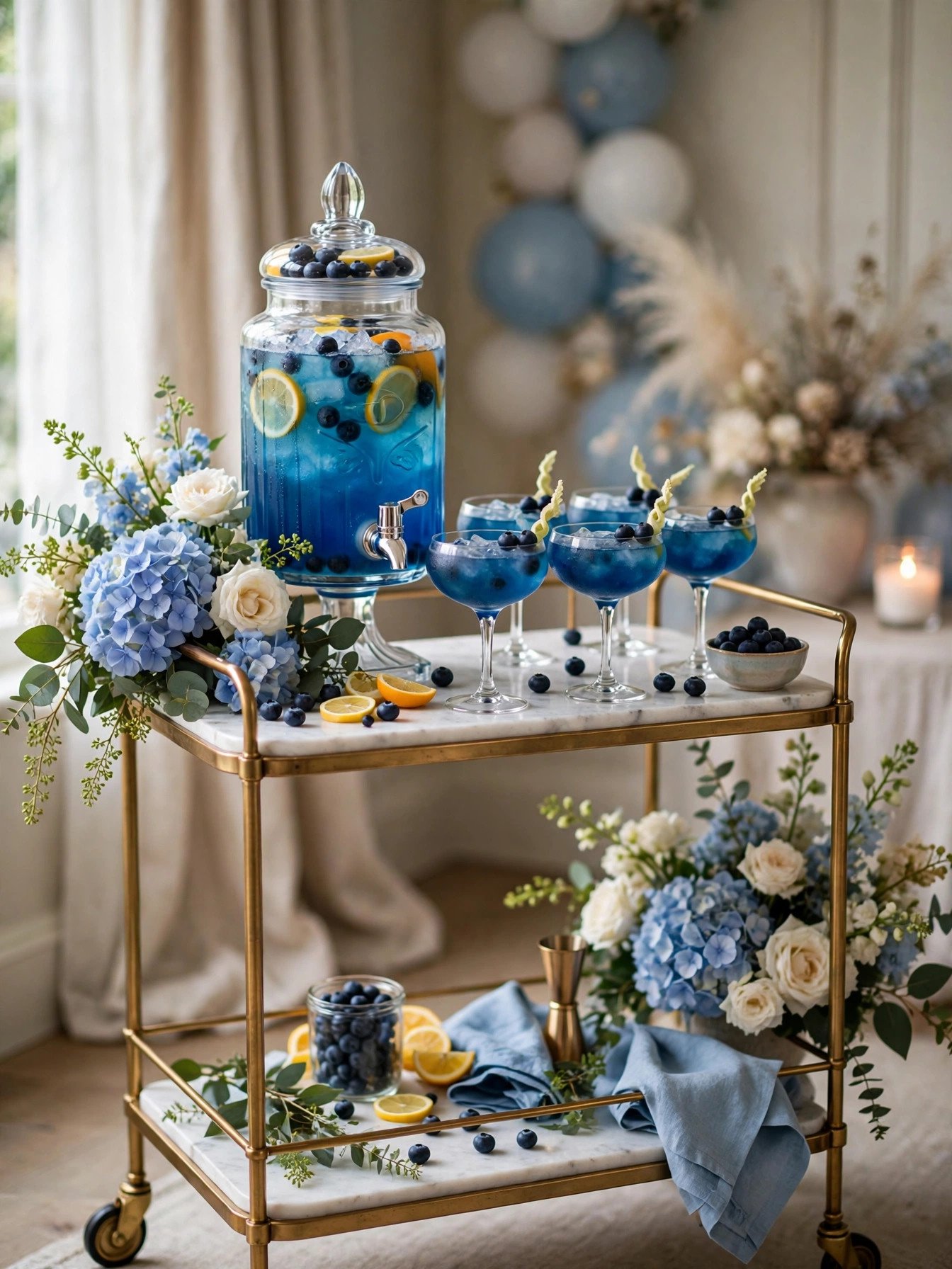 Blue signature cocktail bar with blue drinks and garnishes at a bridal shower