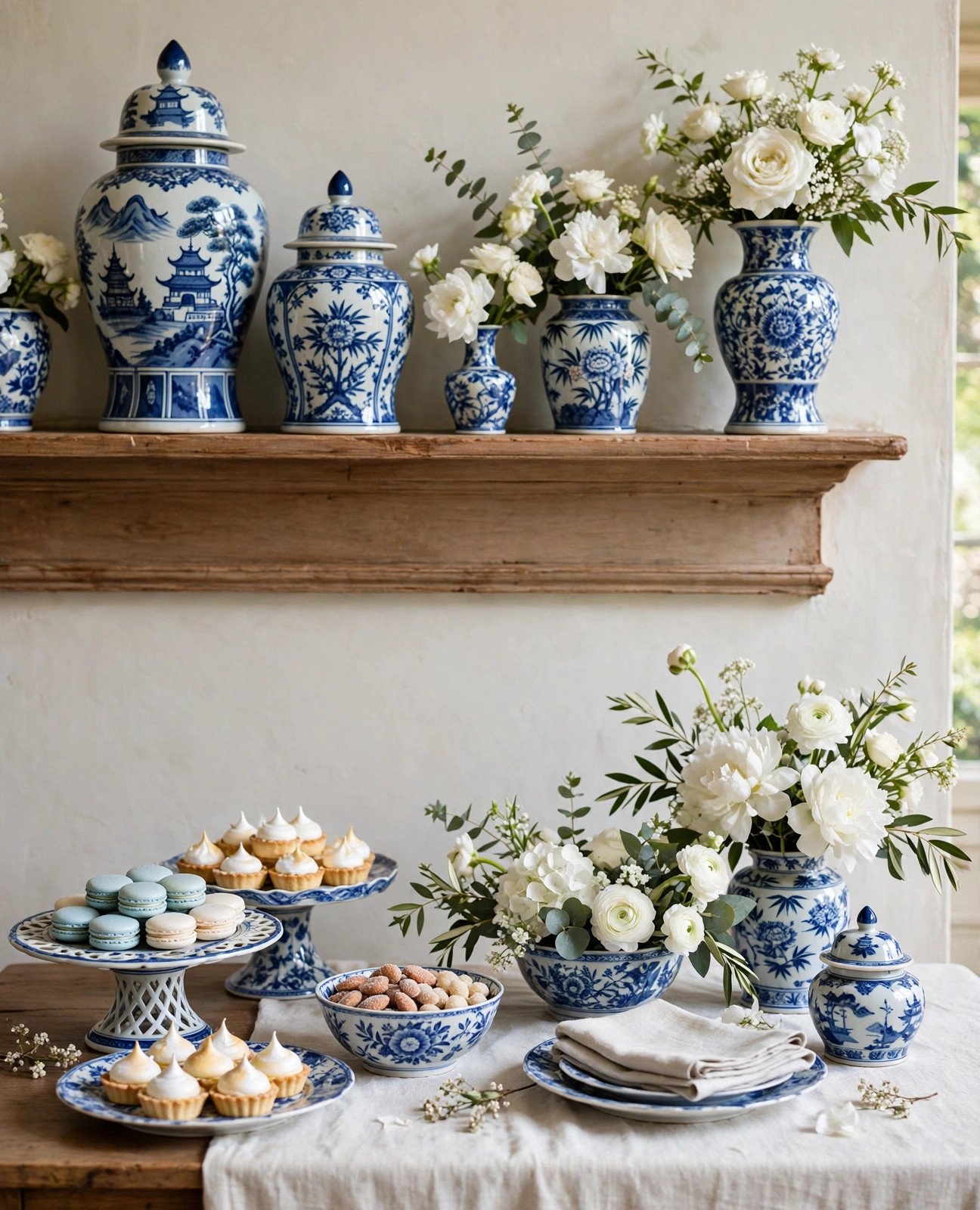 Blue and white porcelain vases and chinoiserie details at a bridal shower