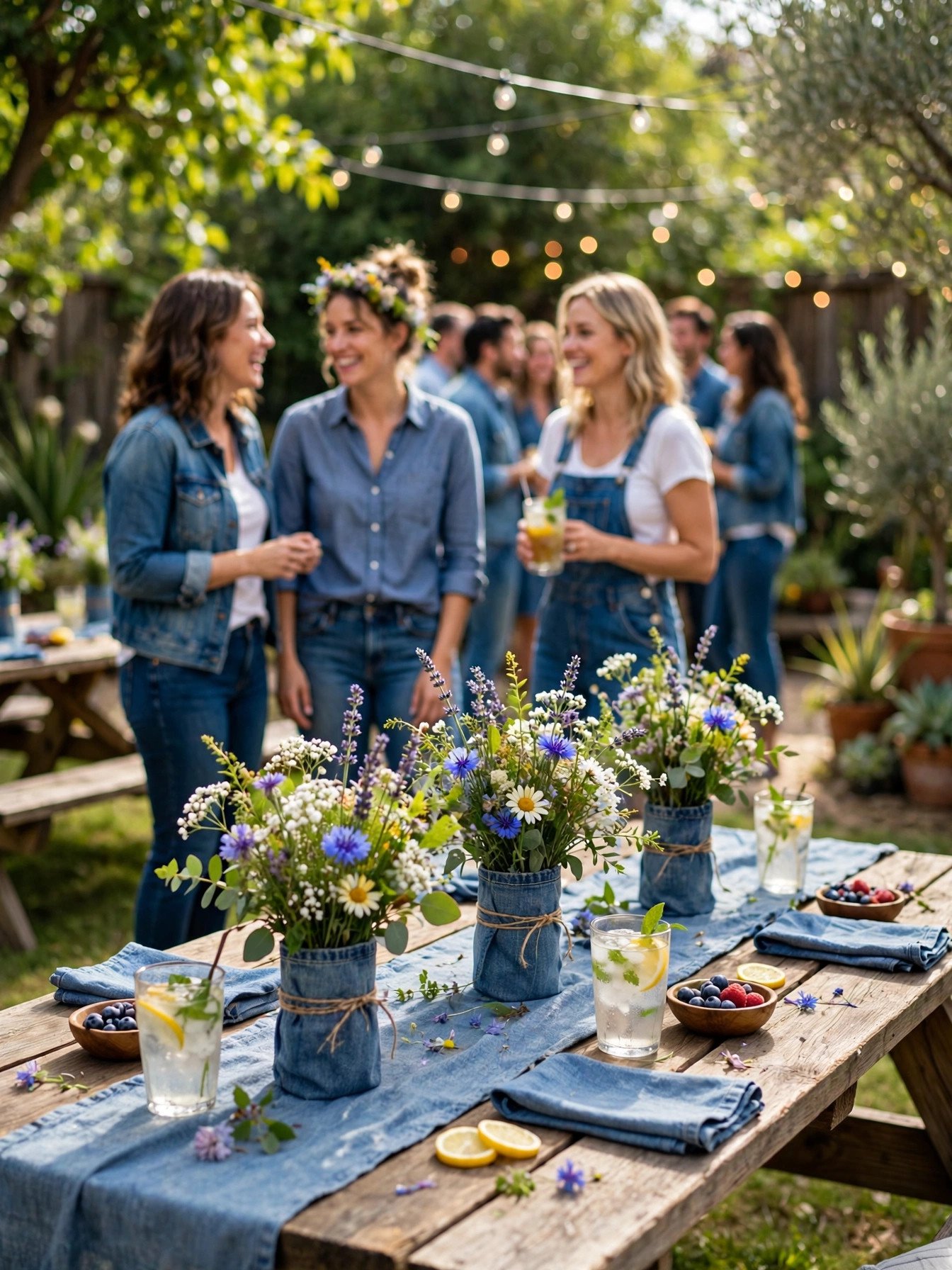 Casual denim and blue bridal shower with guests in jeans at an outdoor party