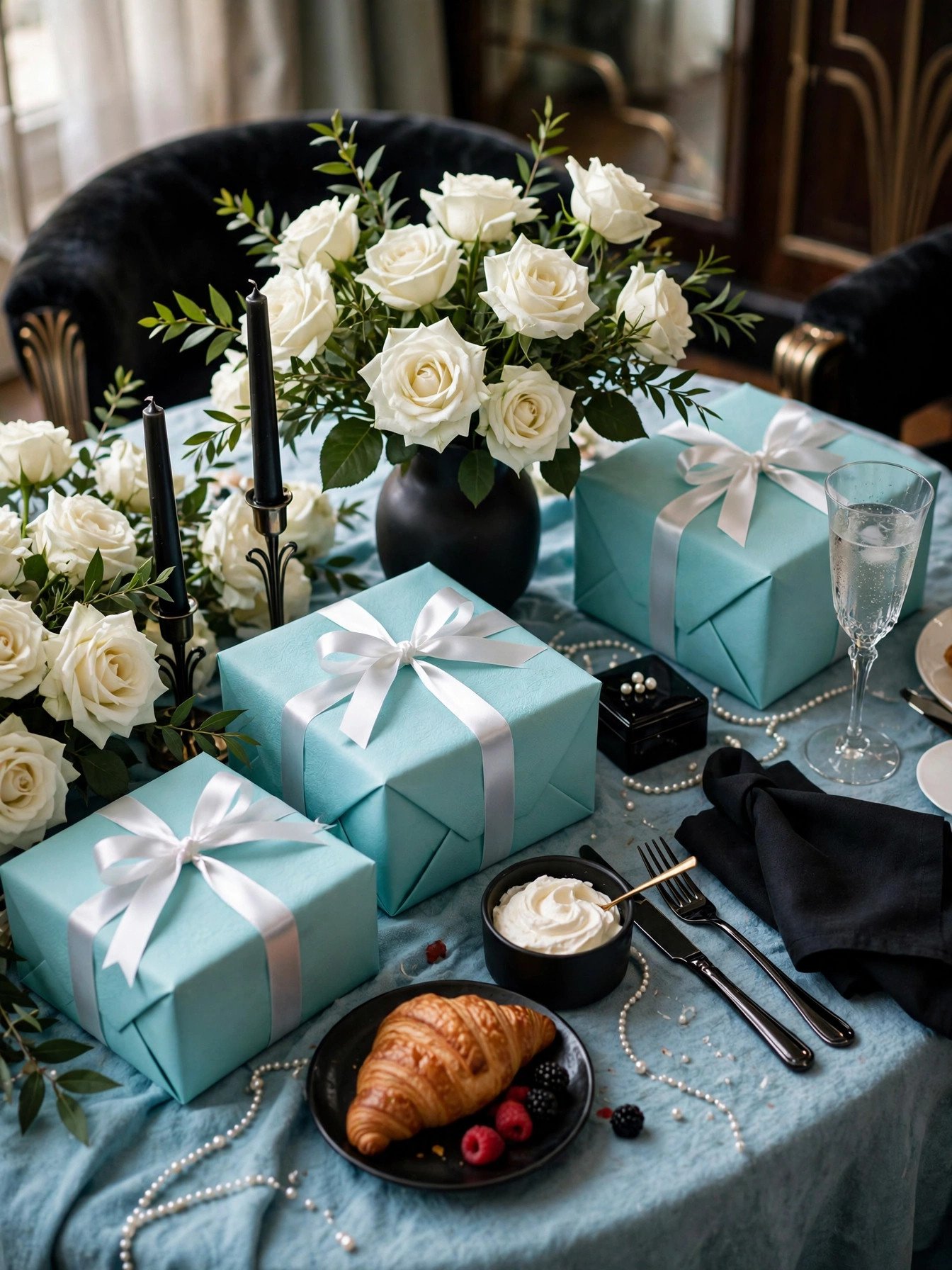 Tiffany-blue inspired elegant bridal shower table with robin's egg blue gift boxes