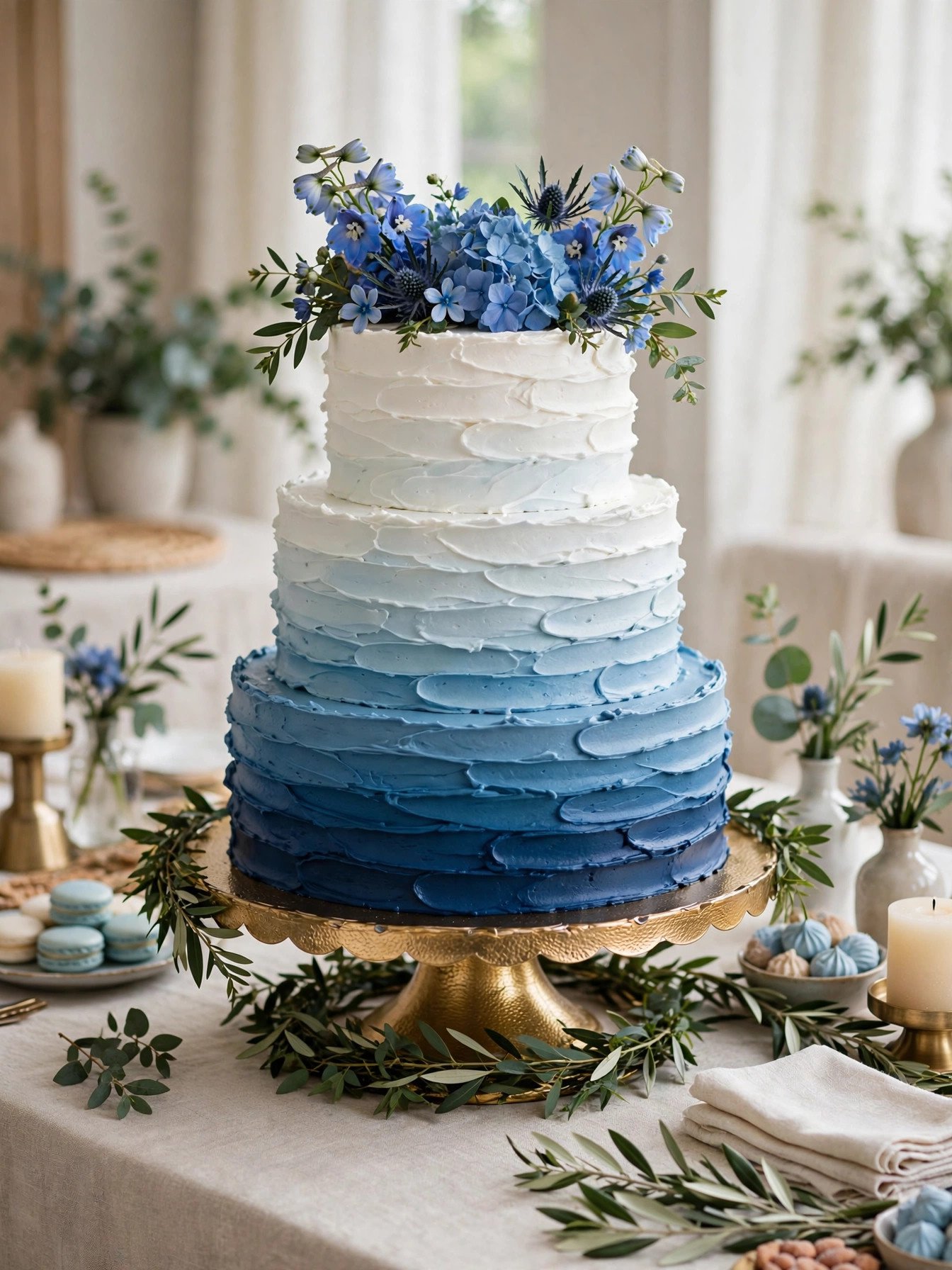 Blue ombré tiered cake fading from white to deep blue with flowers