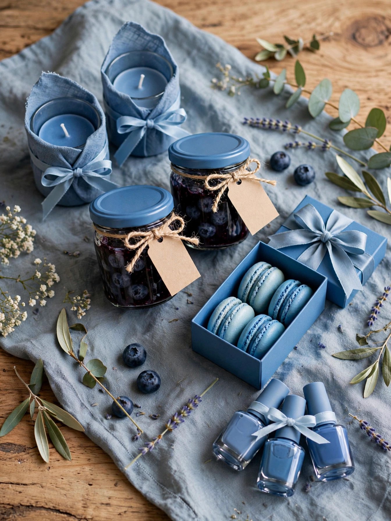Blue bridal shower favors in blue gift boxes with personalized tags