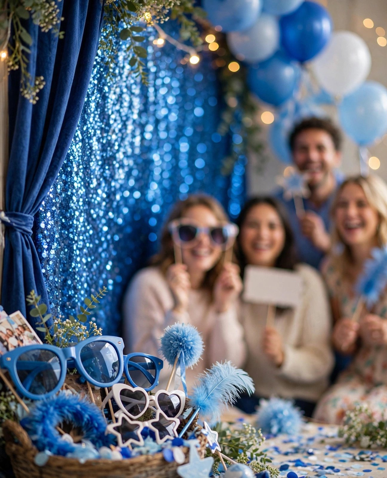 Blue photo booth at a bridal shower with guests holding fun props