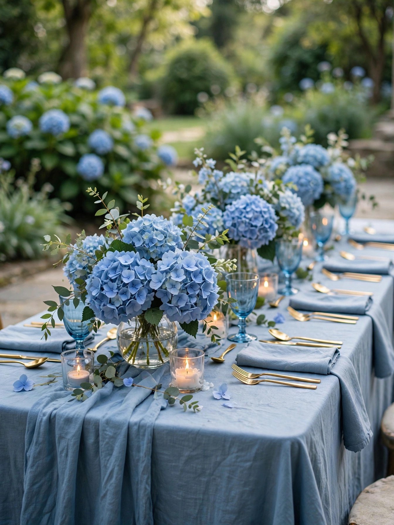 Elegant blue bridal shower tablescape with blue hydrangea centerpieces and blue glassware