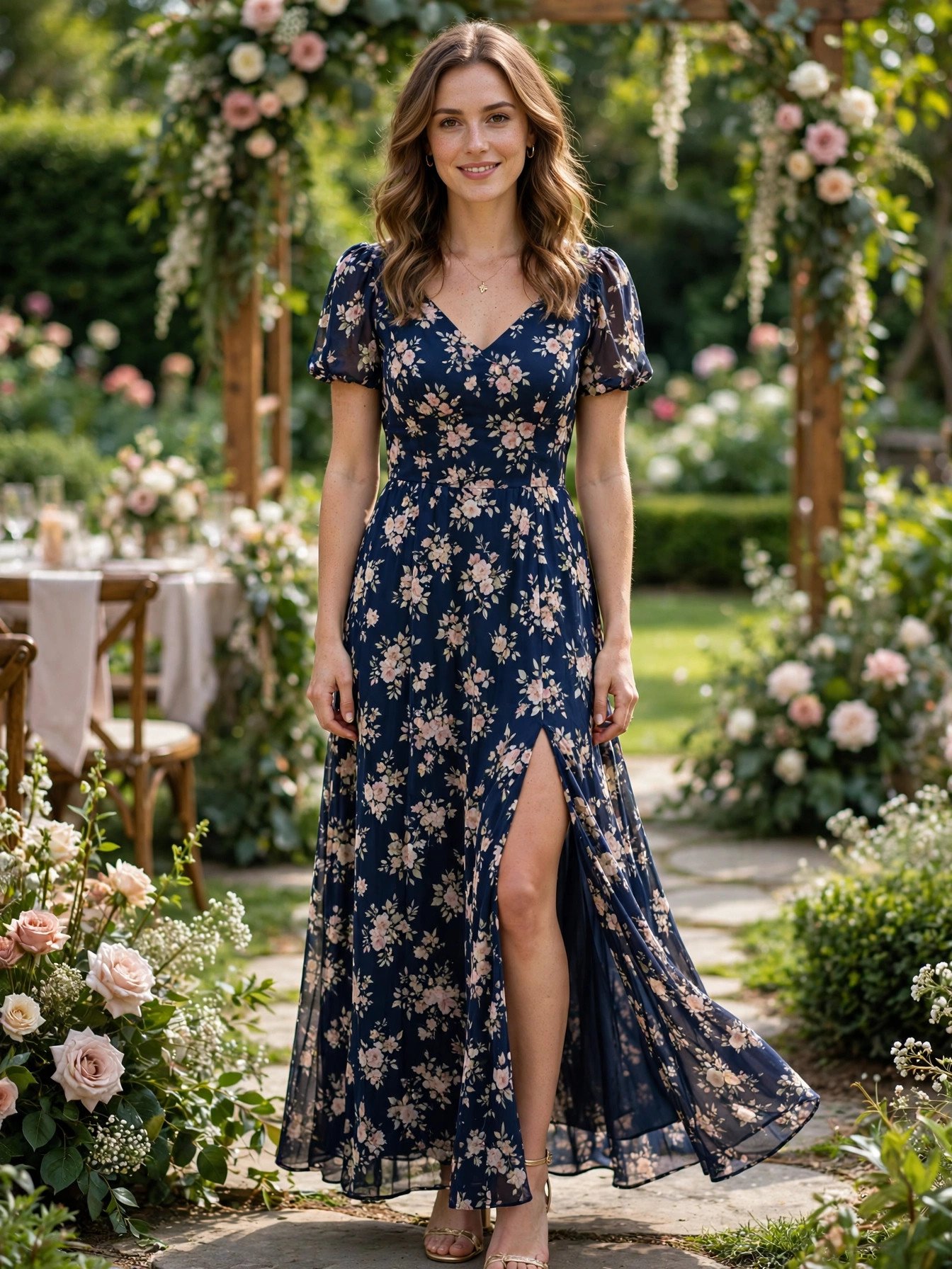 Woman in a navy blue floral print maxi dress at an outdoor garden wedding