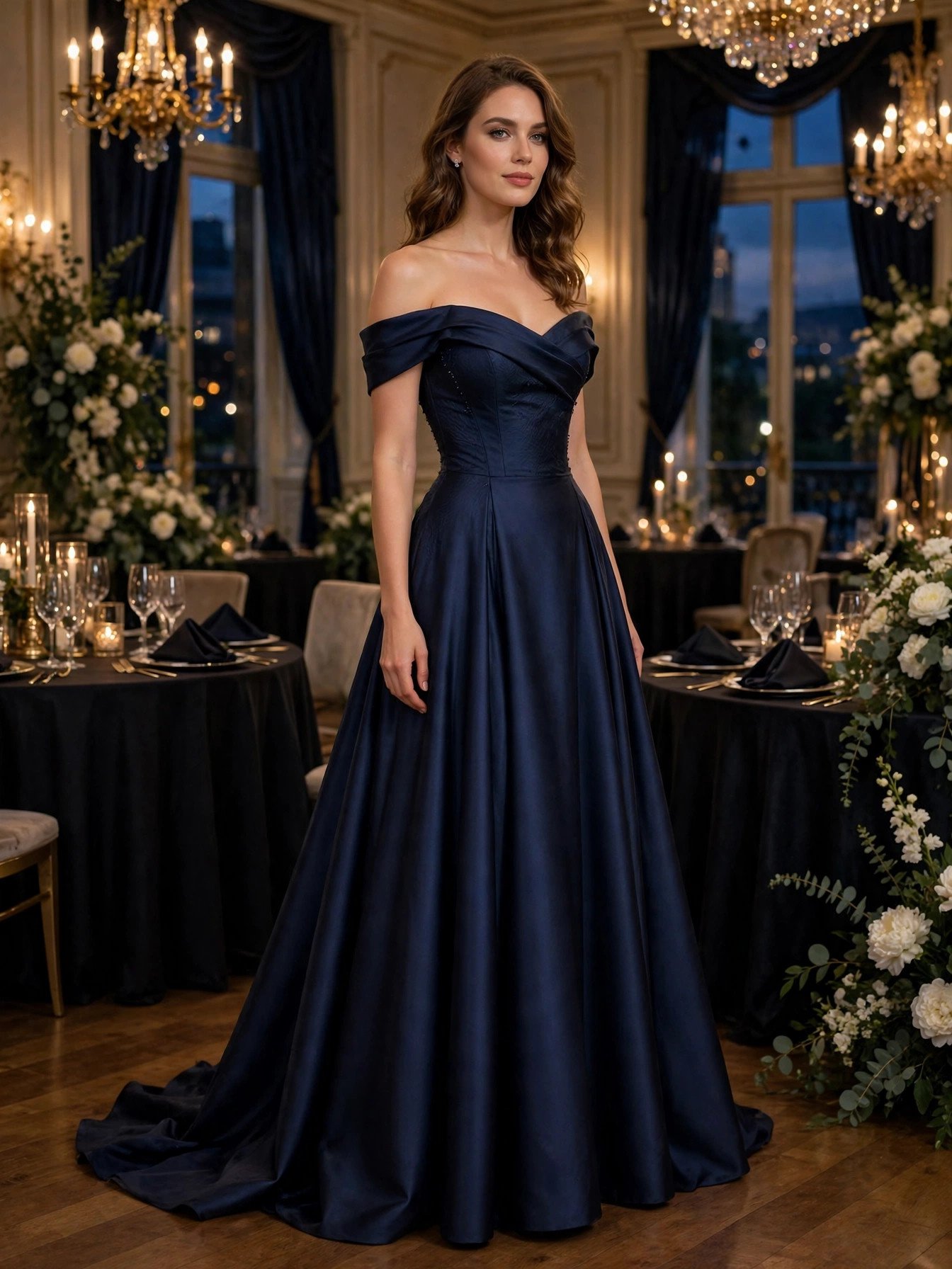 Woman in an elegant navy blue off-shoulder floor-length gown at a formal ballroom wedding