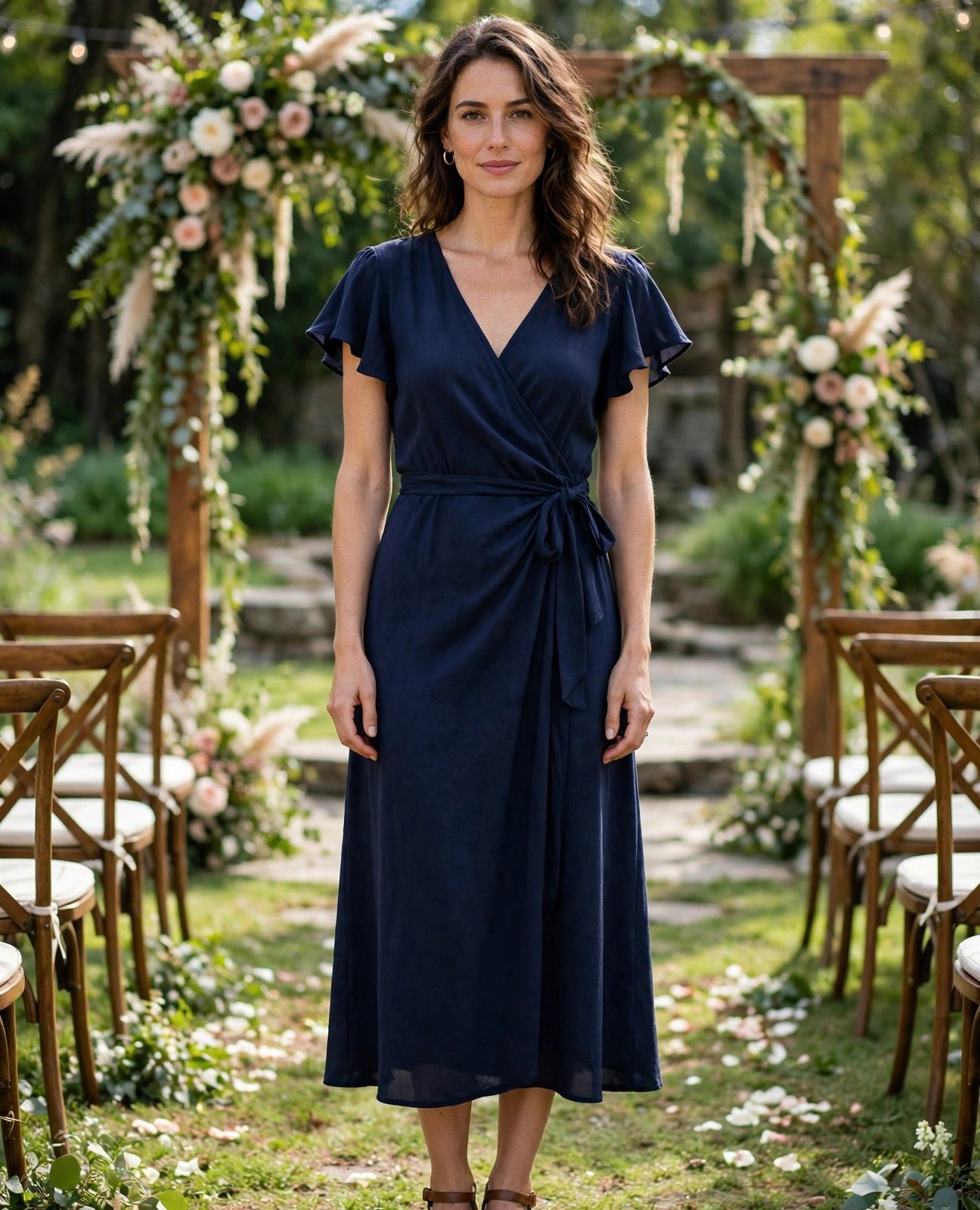 Woman wearing a navy blue wrap midi dress with V-neckline at a wedding ceremony