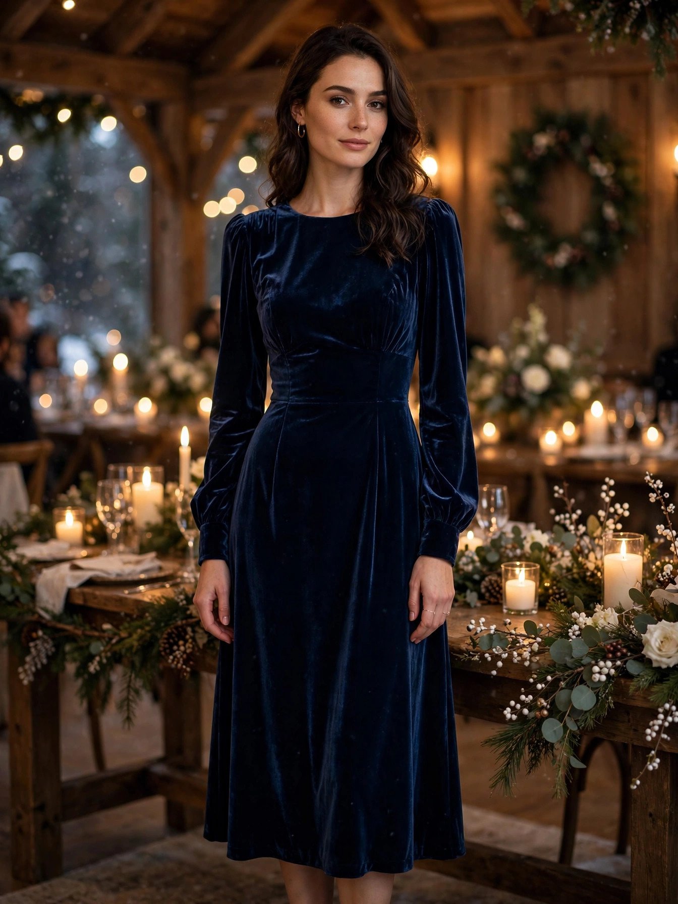 Woman wearing a navy blue velvet evening dress at a candlelit winter wedding
