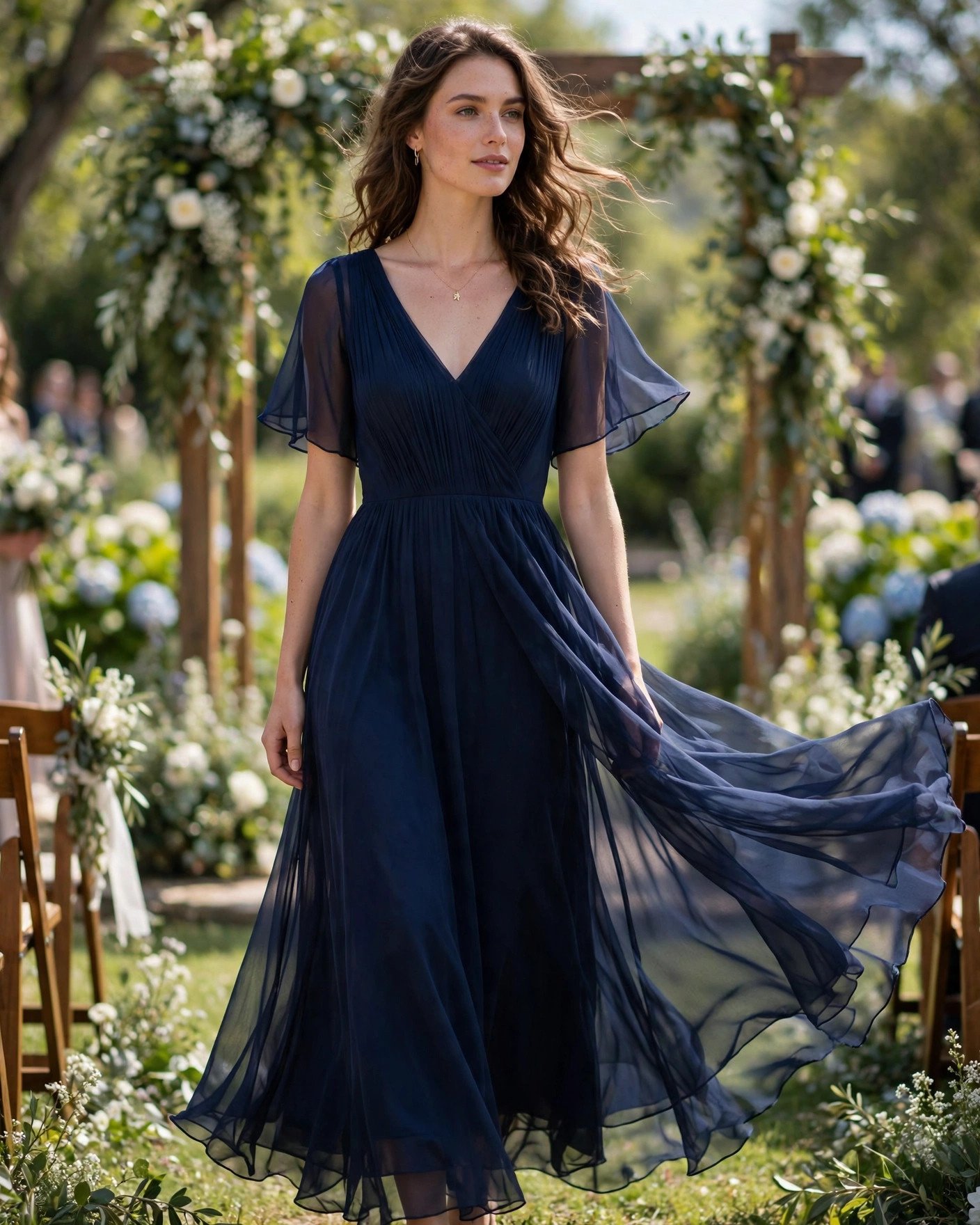 Woman in a flowing navy blue chiffon A-line dress at a daytime outdoor wedding ceremony