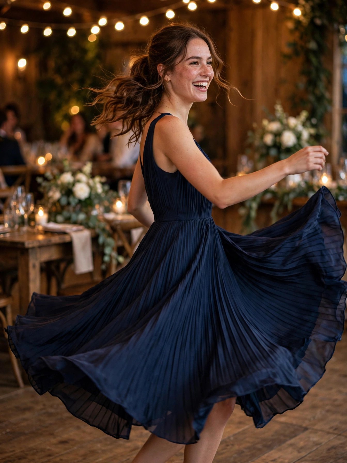 Woman twirling in a navy blue pleated midi dress on a wedding dance floor