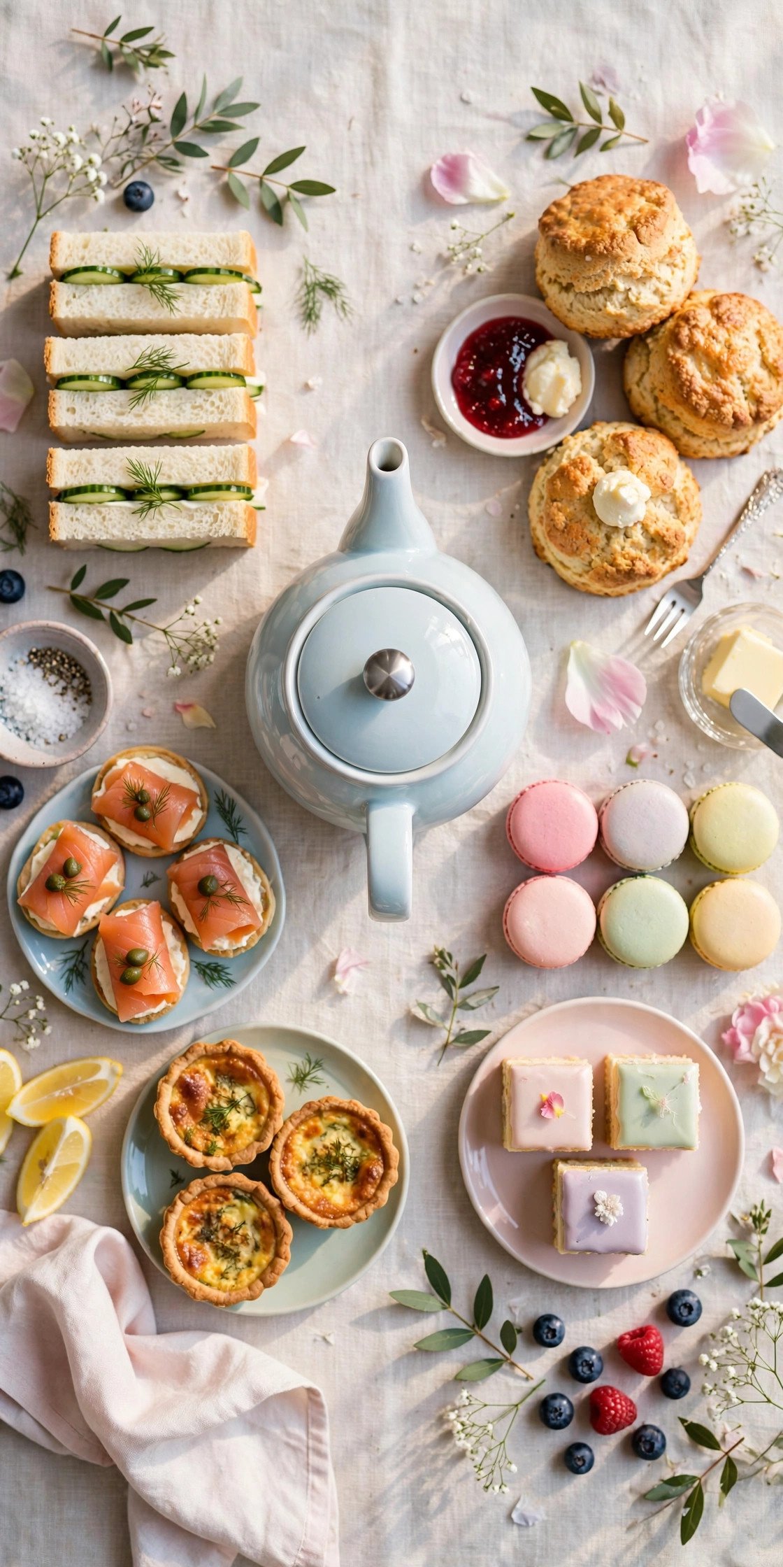 Overhead view of an afternoon tea table showing the balance of savory bites, scones and sweets