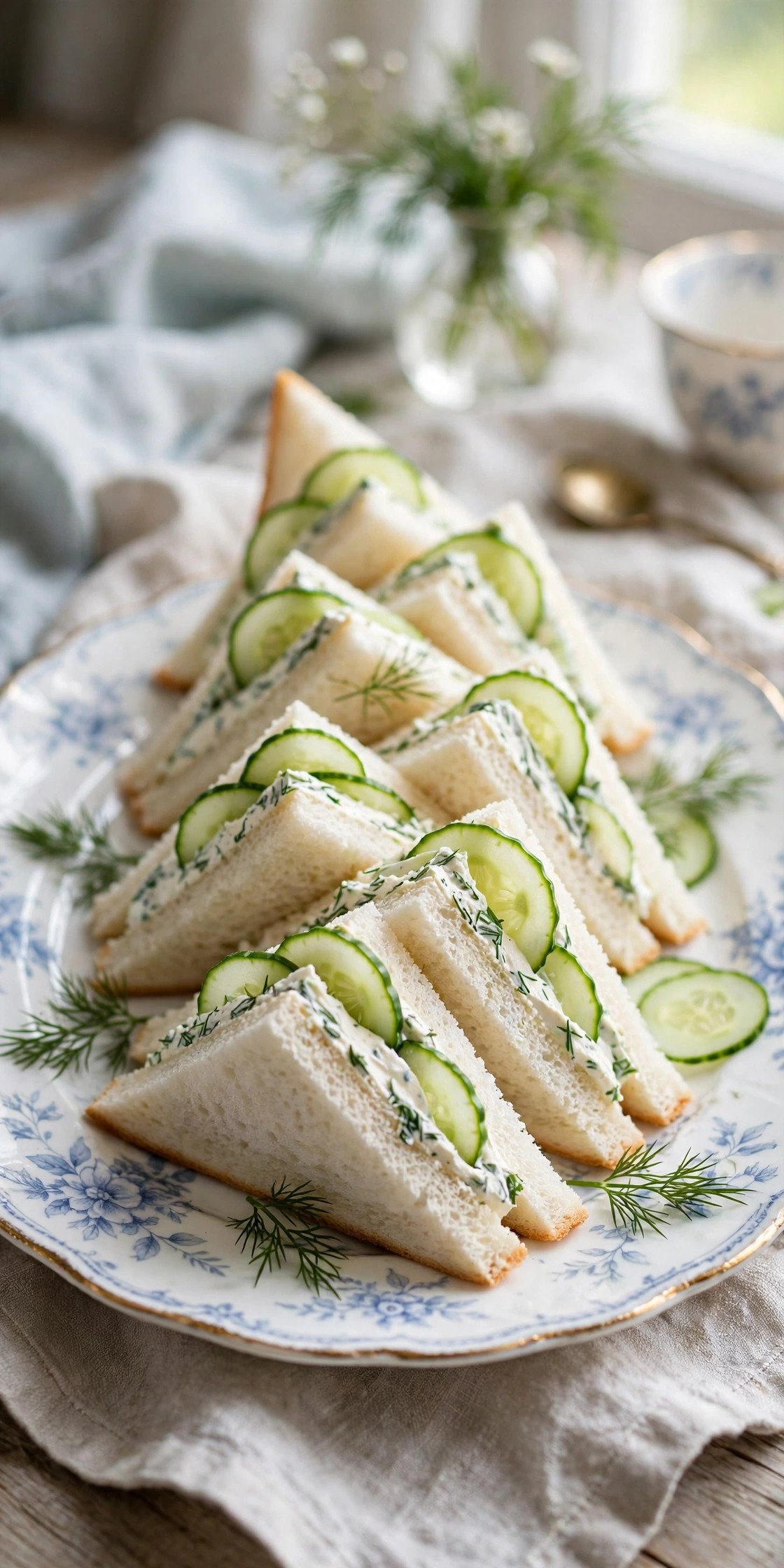 Delicate cucumber sandwiches with thin cucumber slices on white bread, cut into triangles