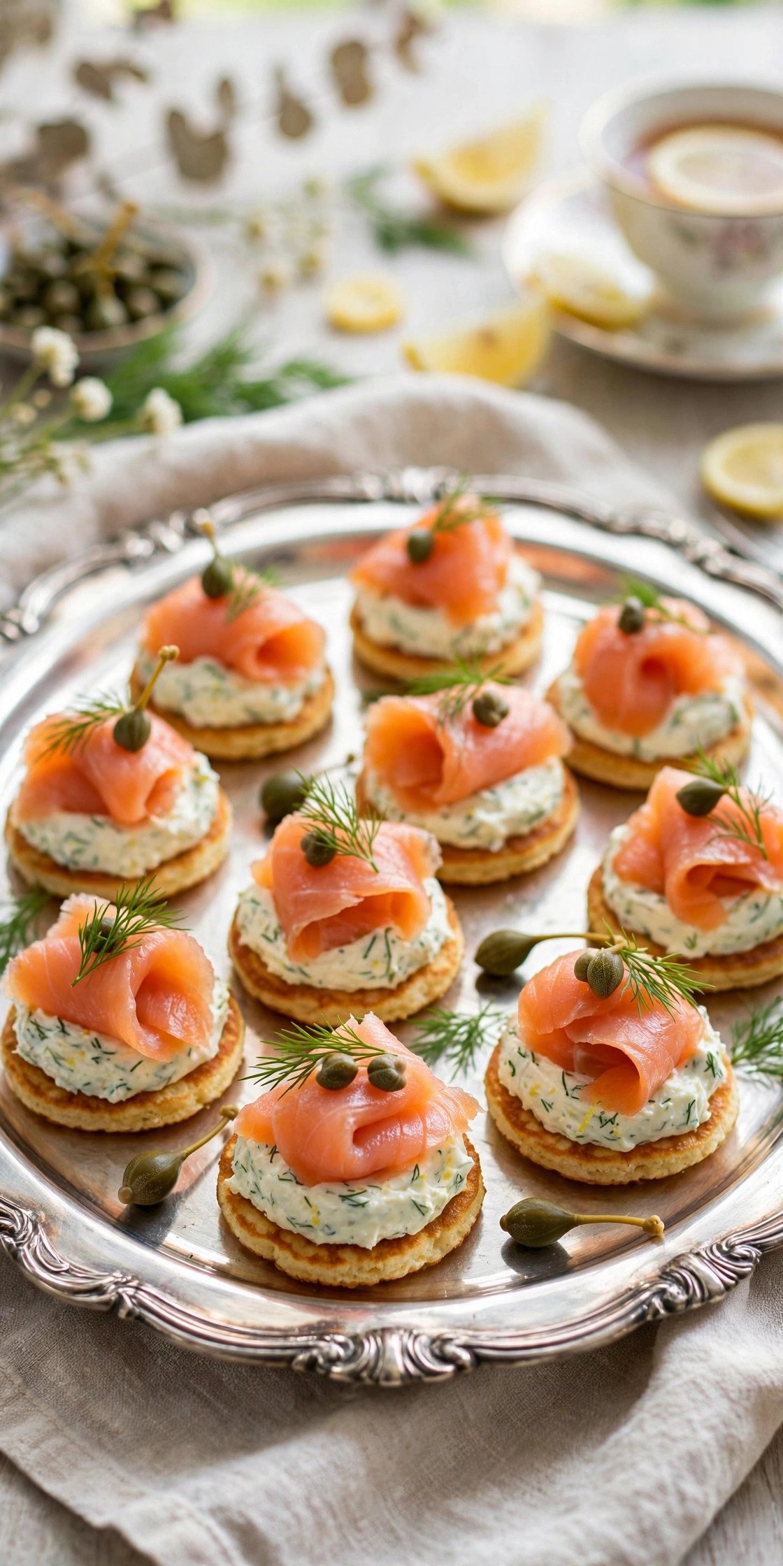 Smoked salmon bites on small blinis topped with dill and a lemon twist