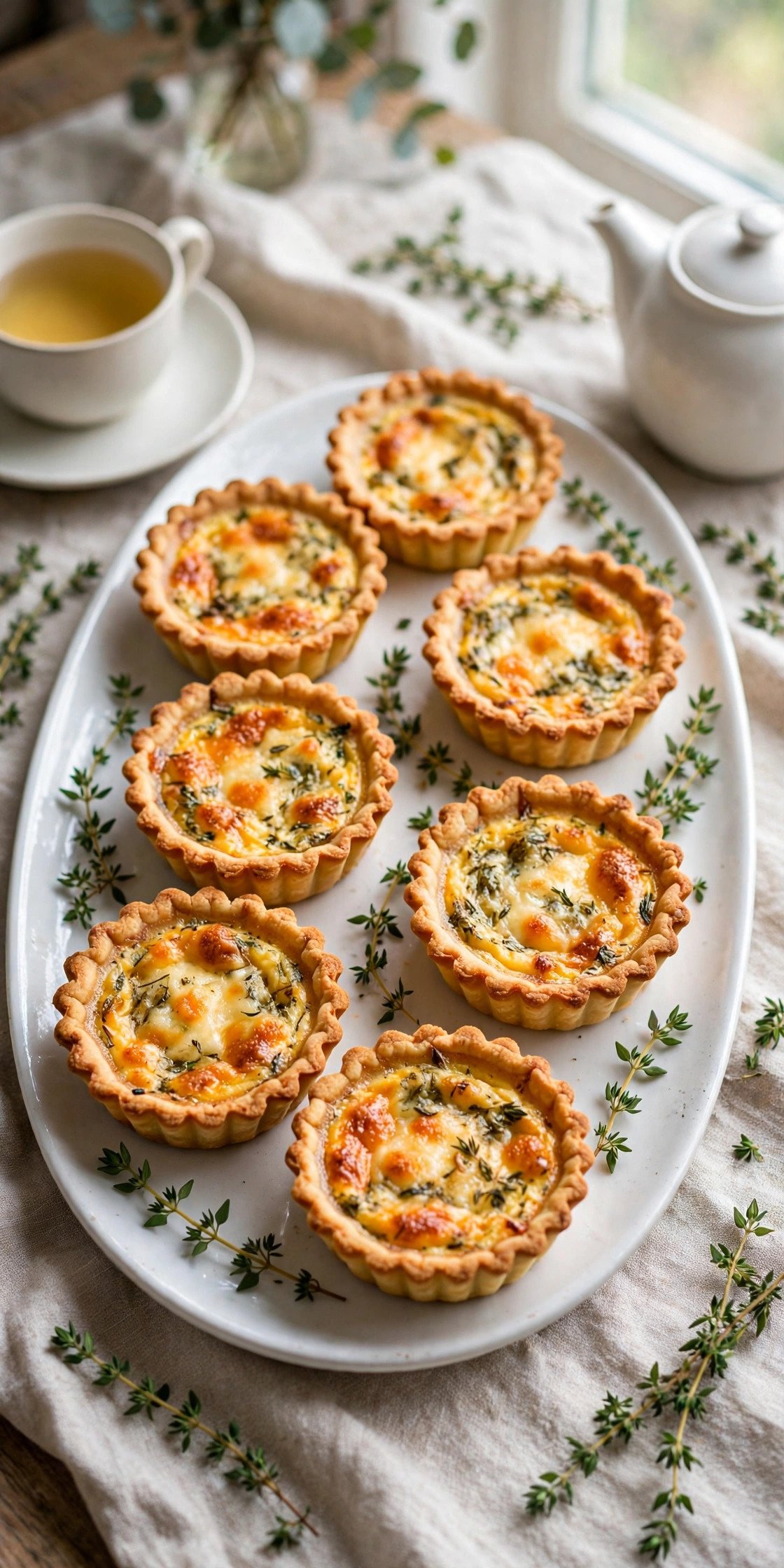 Golden mini quiches with visible cheese and herb filling on a serving platter