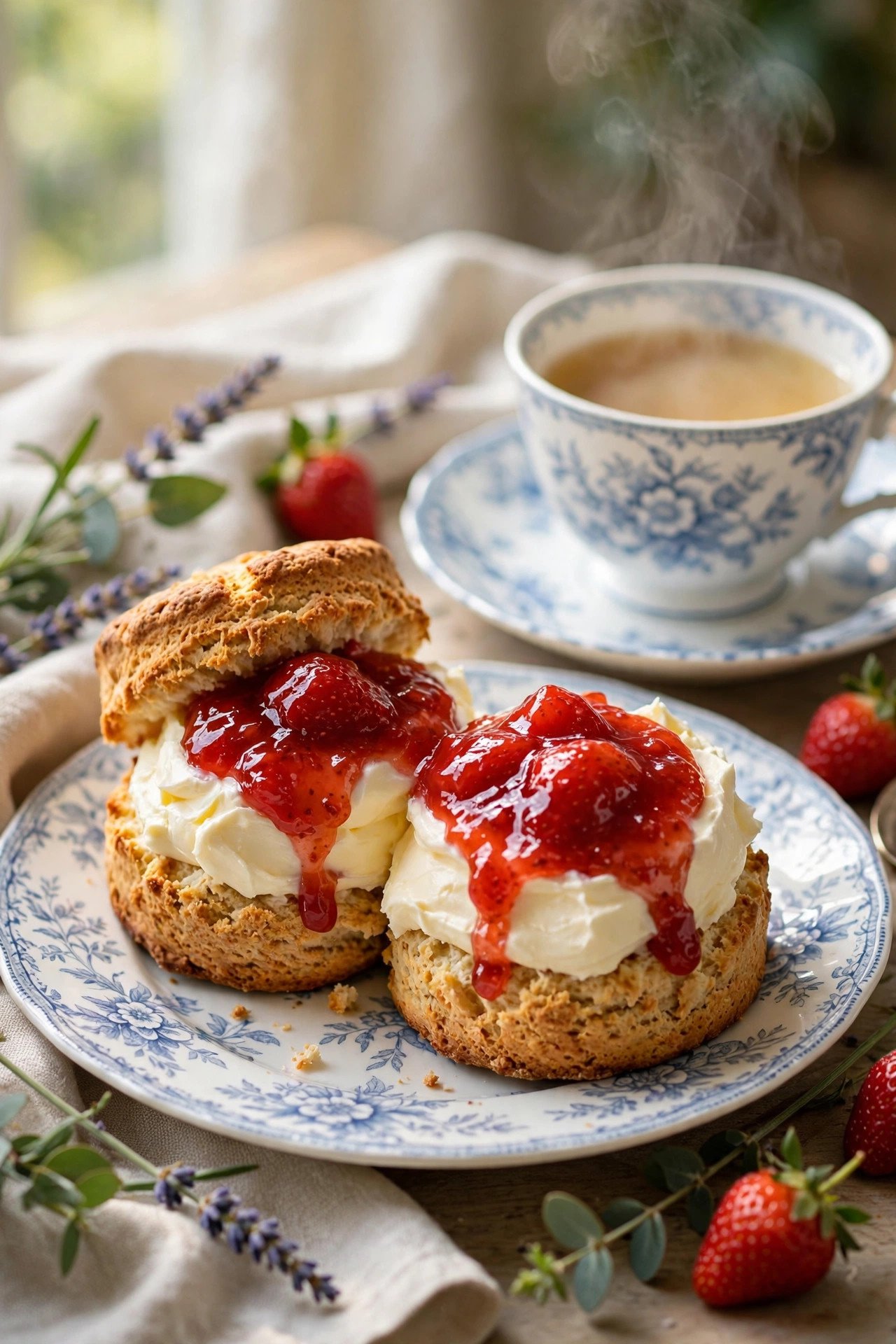 Fresh scones split open with clotted cream and strawberry jam, served with tea