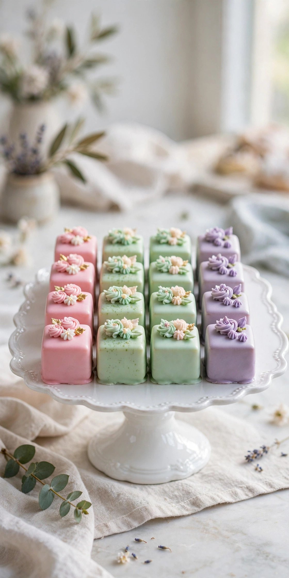 Colorful petit fours — tiny iced cakes decorated with flowers and pastel icing