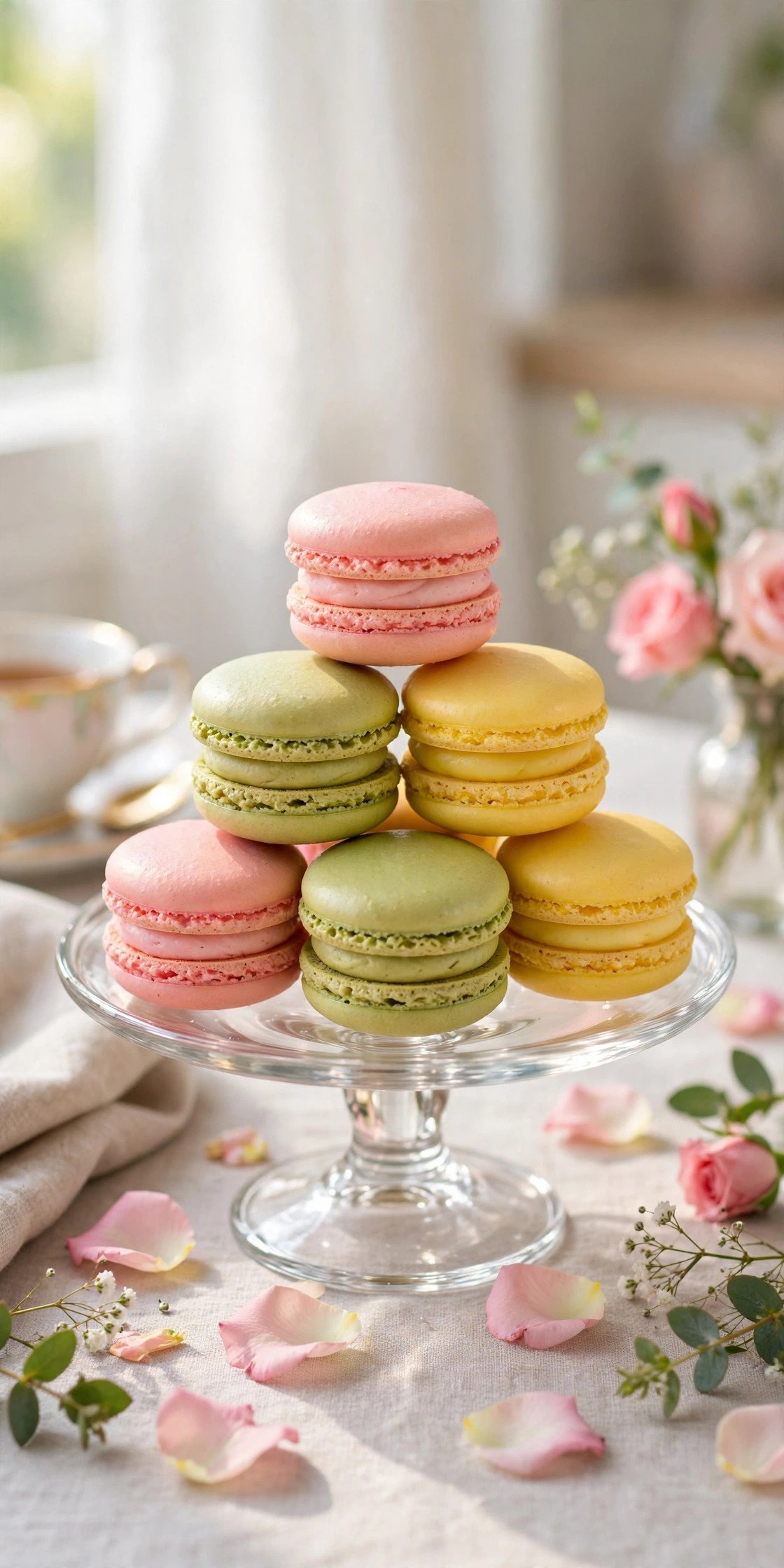 Pastel French macarons in pink, pistachio and lemon stacked on a cake stand