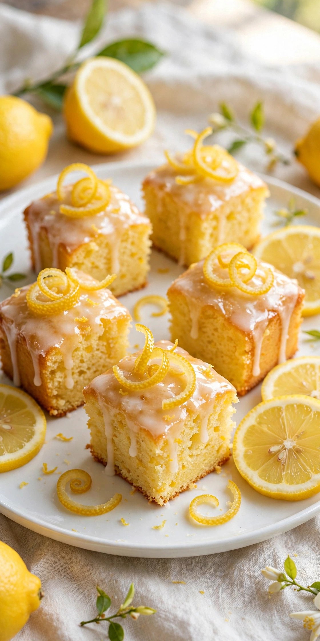 Mini lemon drizzle cake bites with glossy icing and candied lemon peel on a plate