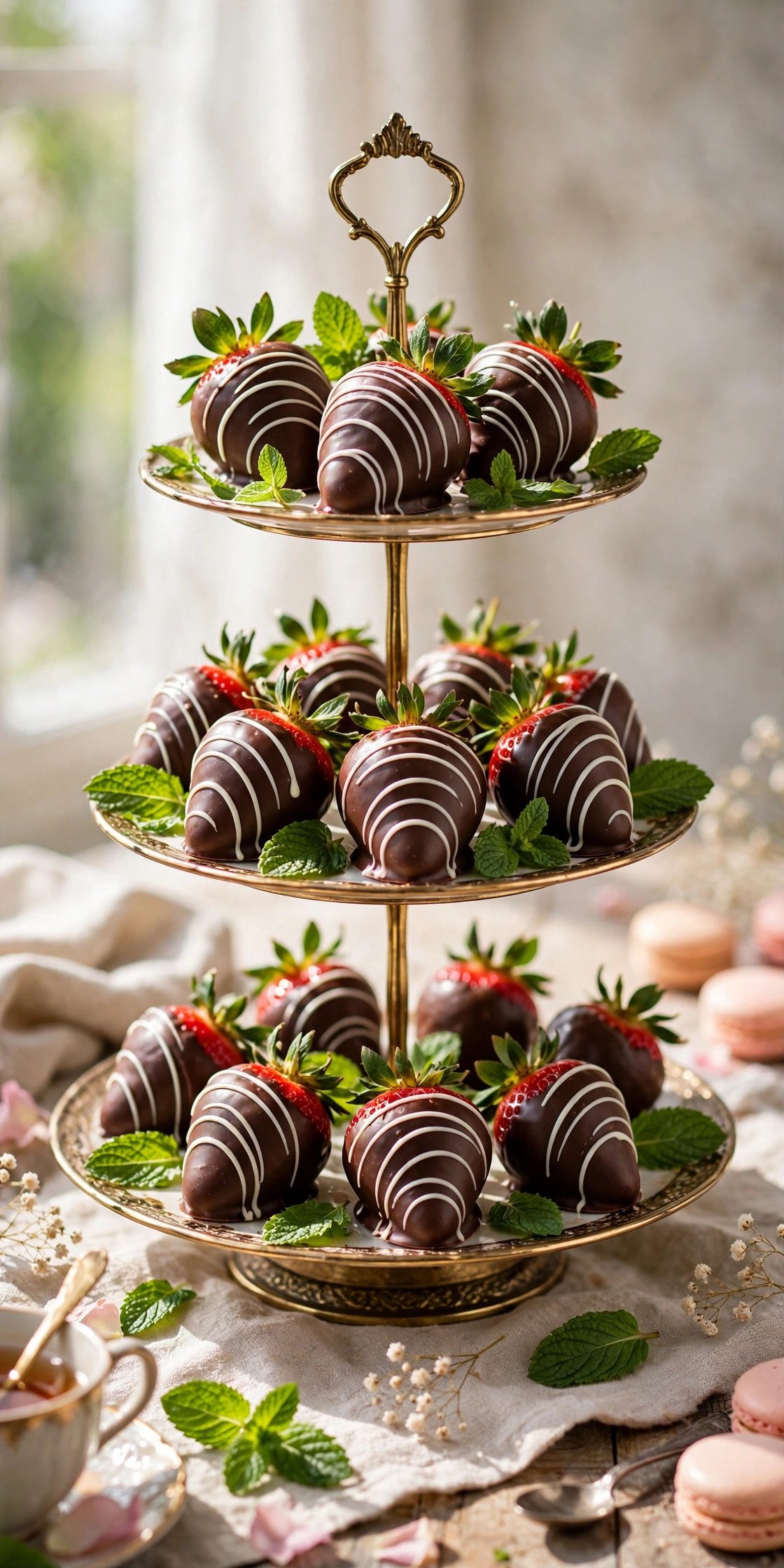 Chocolate-dipped strawberries with white chocolate drizzle on a tiered stand