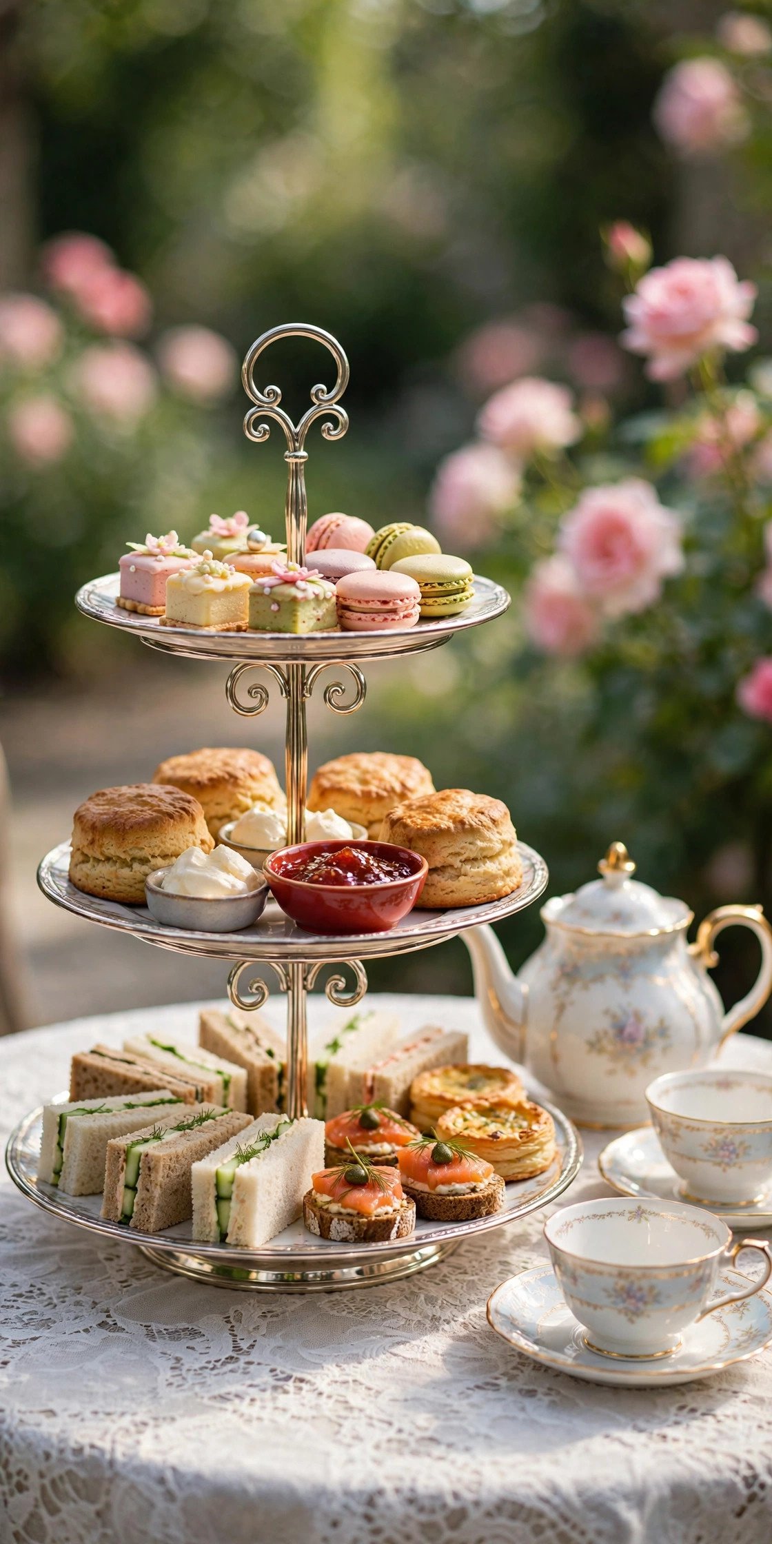 Elegant three-tier afternoon tea stand with scones, finger sandwiches and pastries on a lace tablecloth